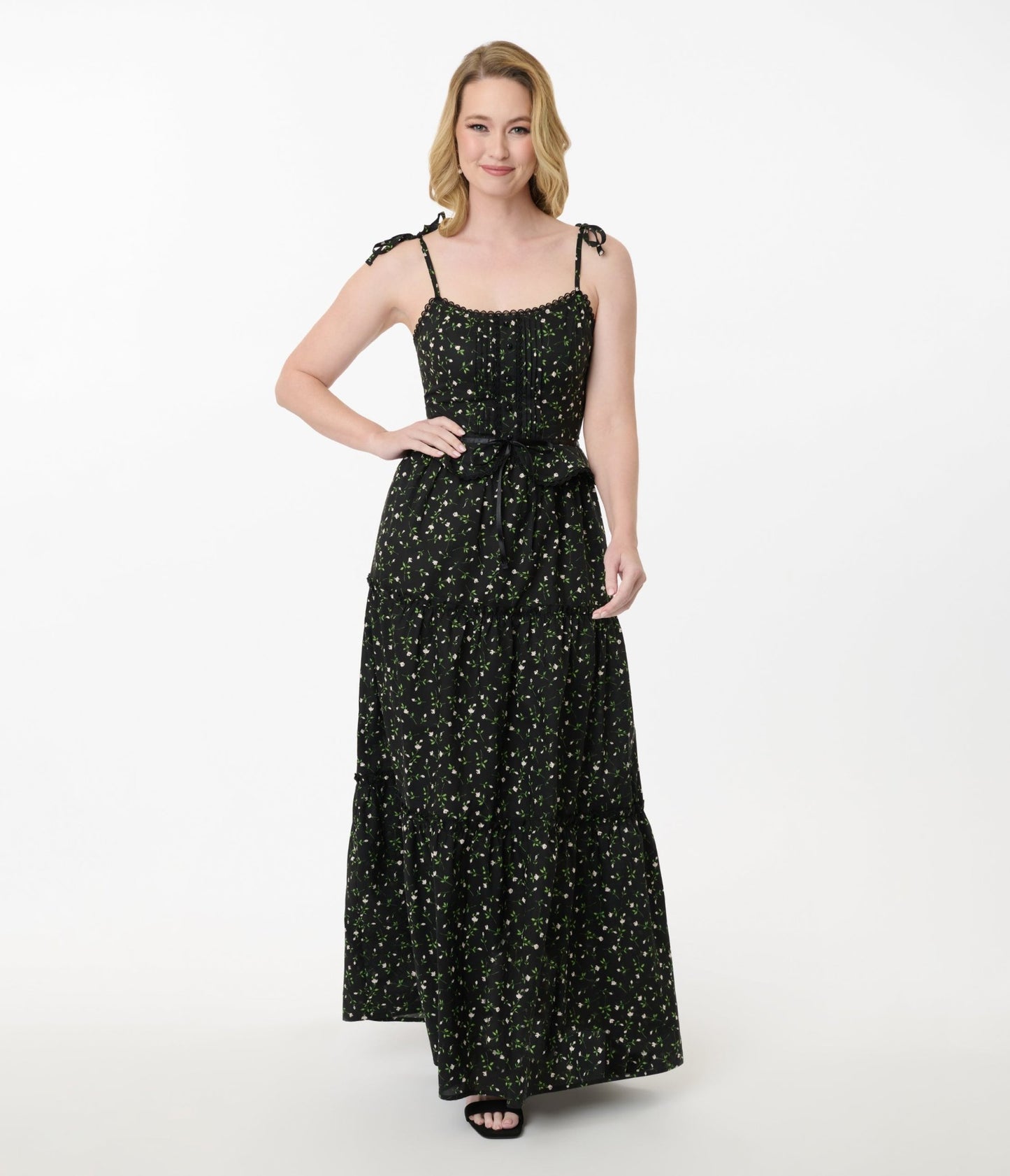 Smak Parlour Black Ditzy Floral Shirred Tiered Maxi Dress - Unique Vintage - Womens, DRESSES, MAXI