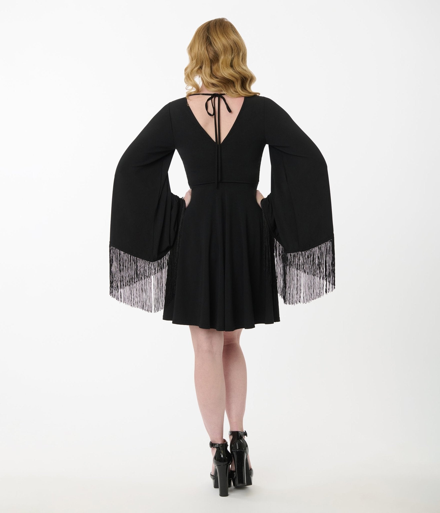 Smak Parlour Black Fringe Bell Sleeve Fit & Flare Dress - Unique Vintage - Womens, DRESSES, FIT AND FLARE