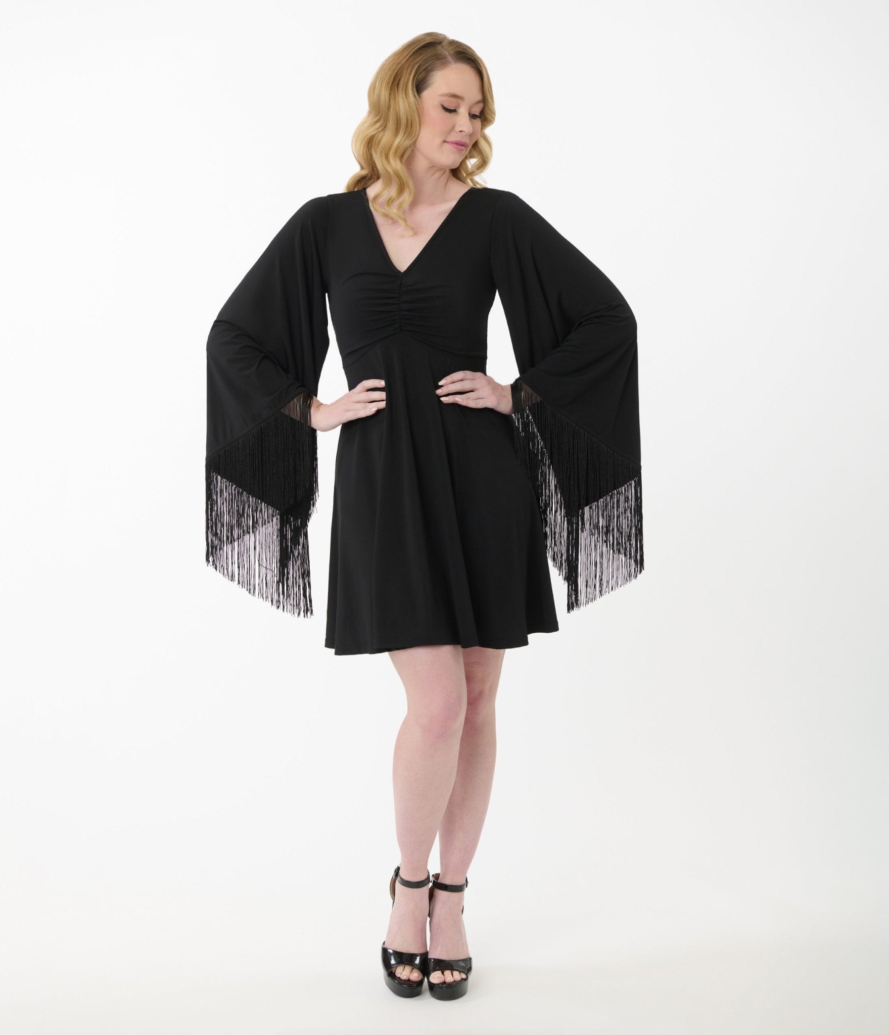 Smak Parlour Black Fringe Bell Sleeve Fit & Flare Dress - Unique Vintage - Womens, DRESSES, FIT AND FLARE