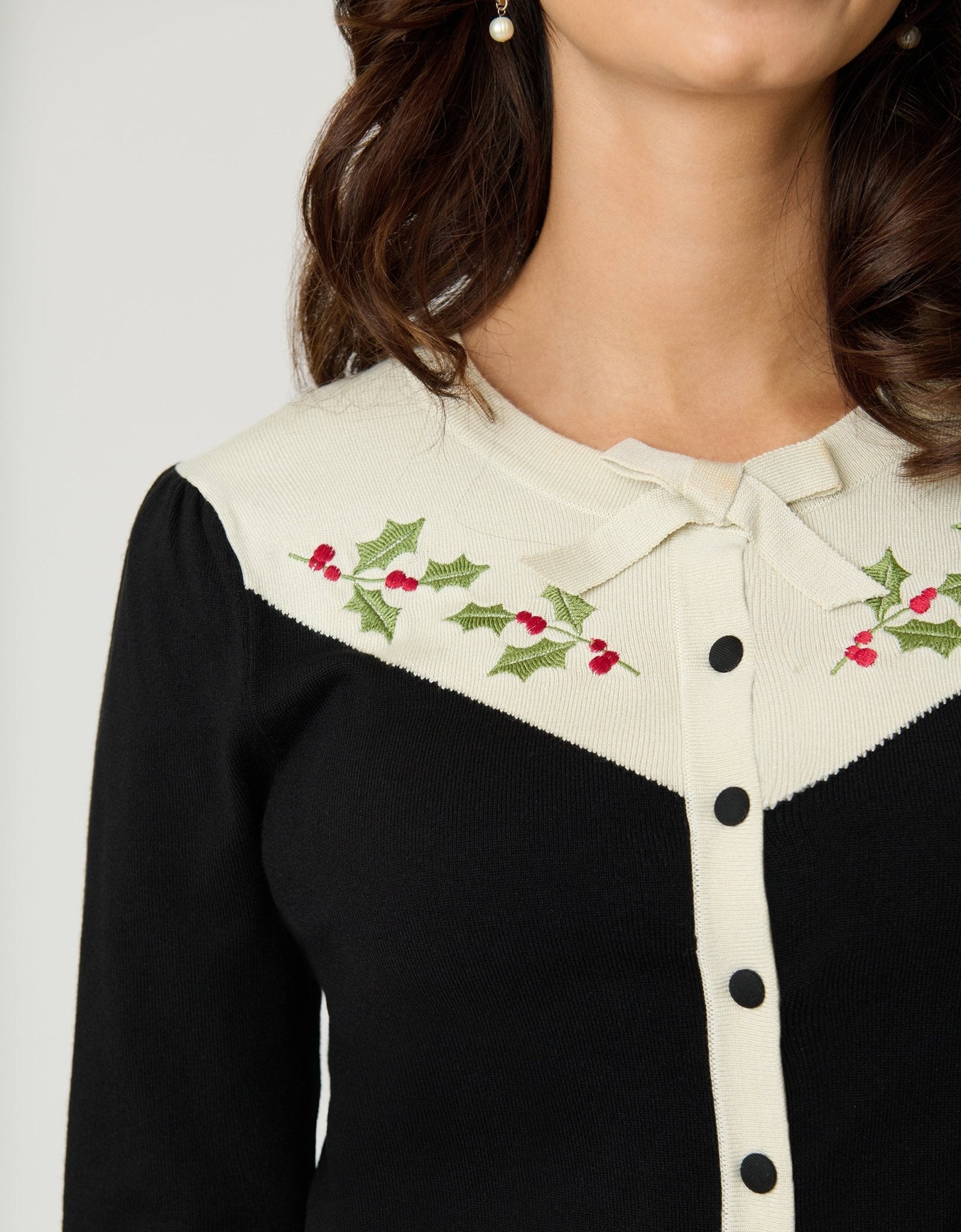 Smak Parlour Black & Ivory Holly Embroidered Cardigan - Unique Vintage - Womens, TOPS, SWEATERS