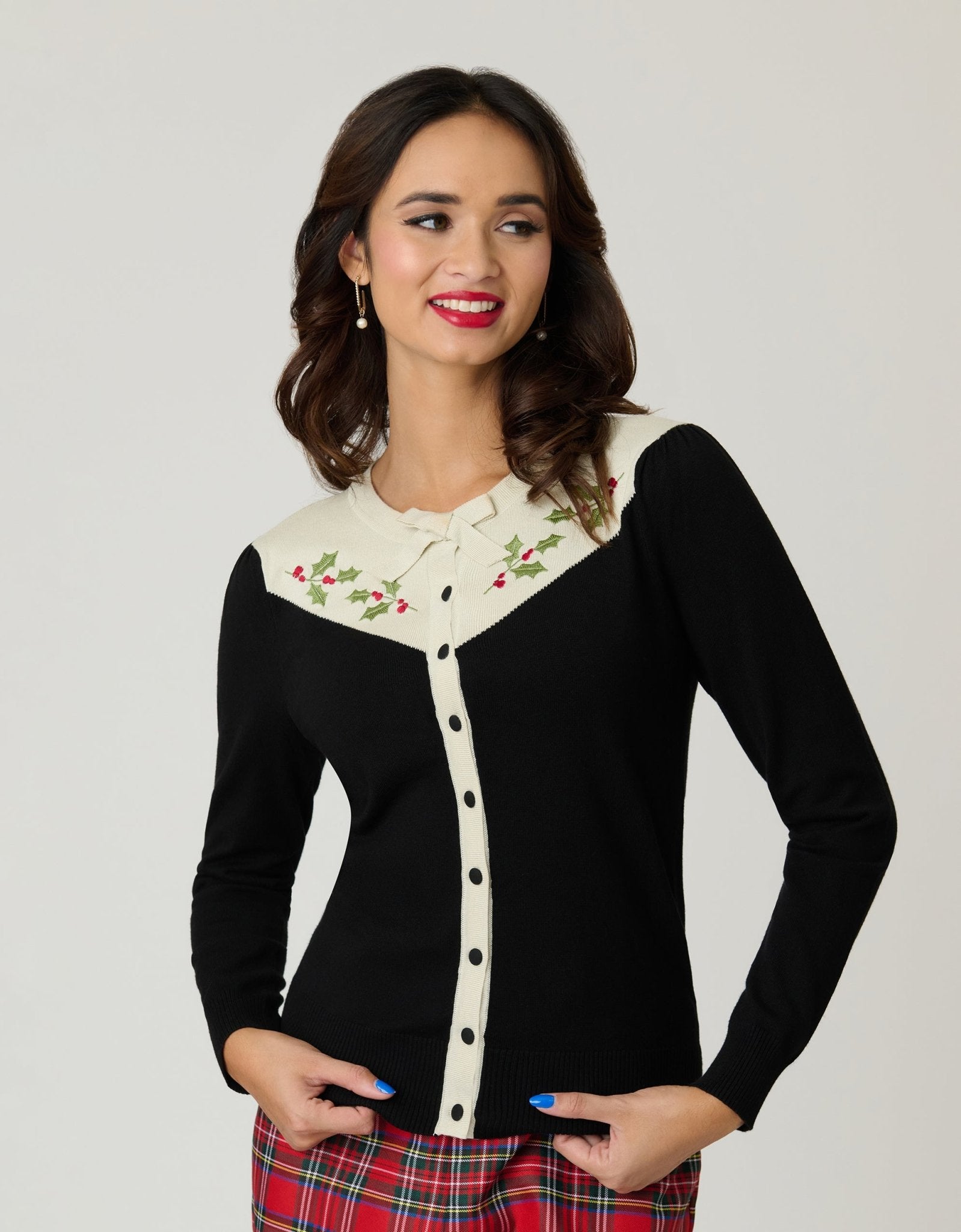 Smak Parlour Black & Ivory Holly Embroidered Cardigan - Unique Vintage - Womens, TOPS, SWEATERS