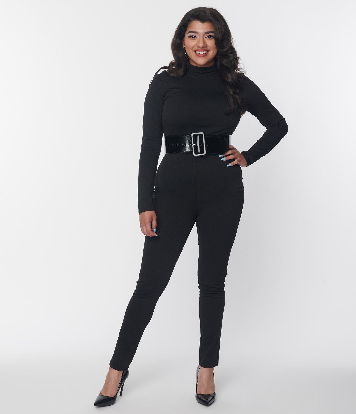 Smak Parlour Black Mock Neck Long Sleeve Jumpsuit - Unique Vintage - Womens, BOTTOMS, ROMPERS AND JUMPSUITS