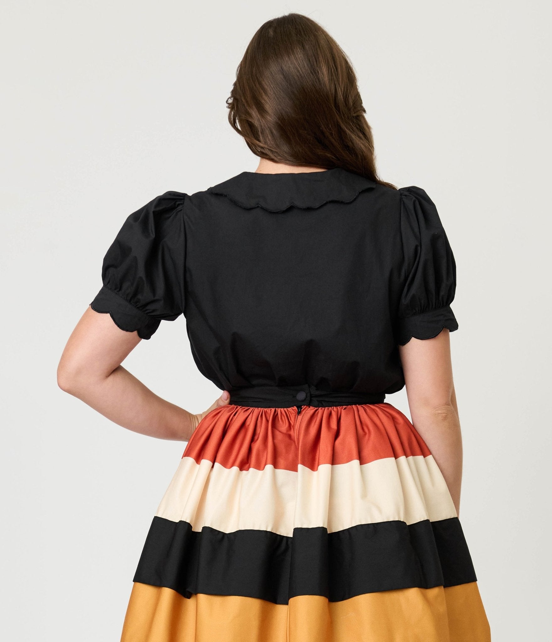 Smak Parlour Black & Pumpkin Embroidery Puff Sleeve Top - Unique Vintage - Womens, TOPS, WOVEN TOPS