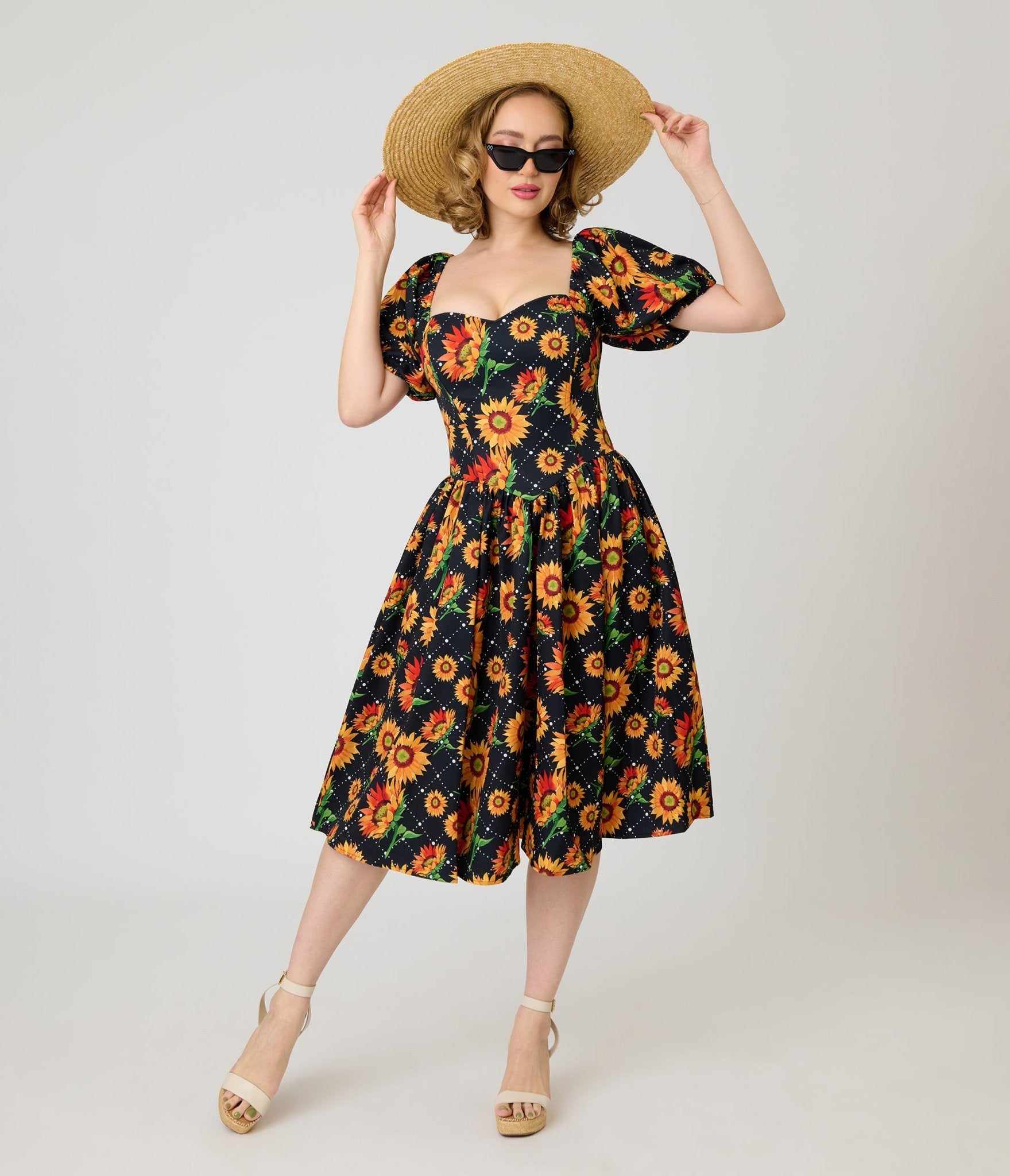 Smak Parlour Black & Sunflower Sweetheart Swing Dress XS/0-2