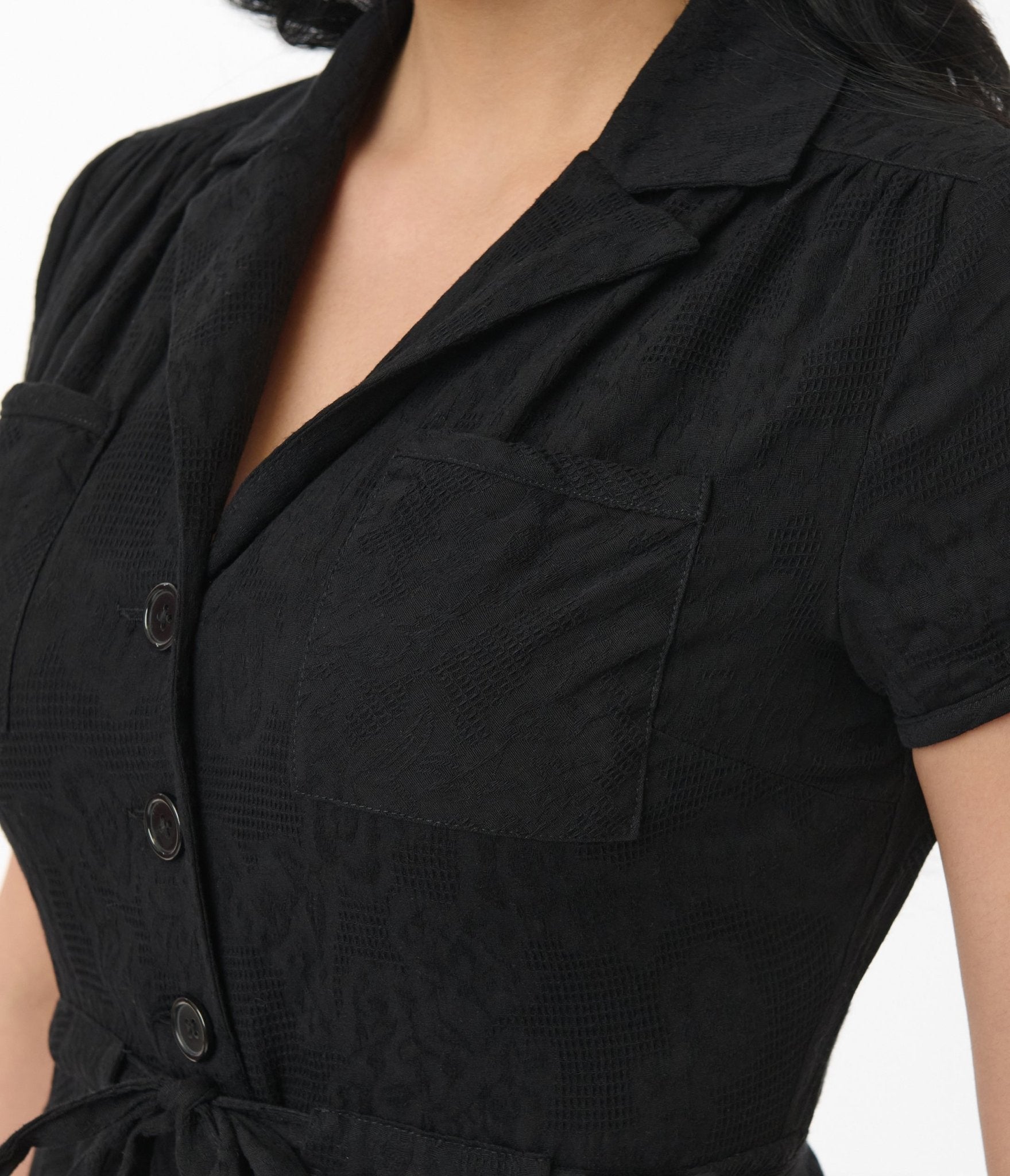 Smak Parlour Black Textured Cotton Fit & Flare Dress - Unique Vintage - Womens, DRESSES, FIT AND FLARE