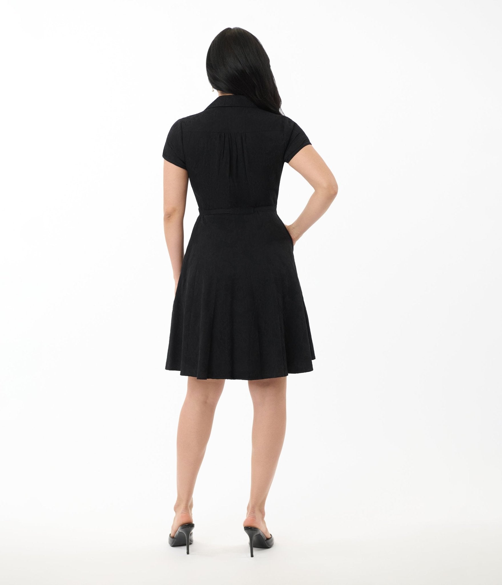 Smak Parlour Black Textured Cotton Fit & Flare Dress - Unique Vintage - Womens, DRESSES, FIT AND FLARE