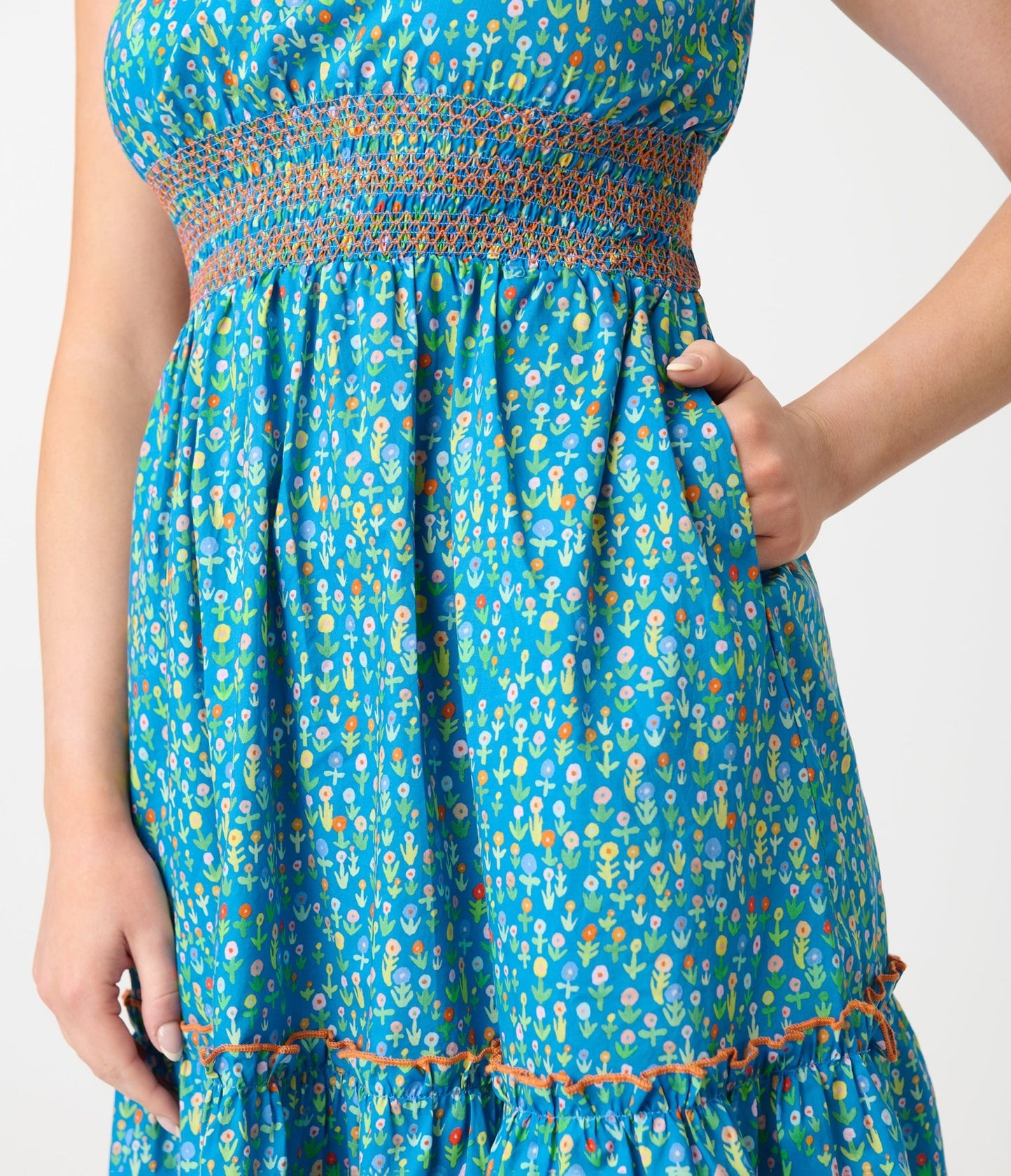 Smak Parlour Blue Ditsy Floral Tiered Cotton Flare Dress - Unique Vintage - Womens, DRESSES, FIT AND FLARE