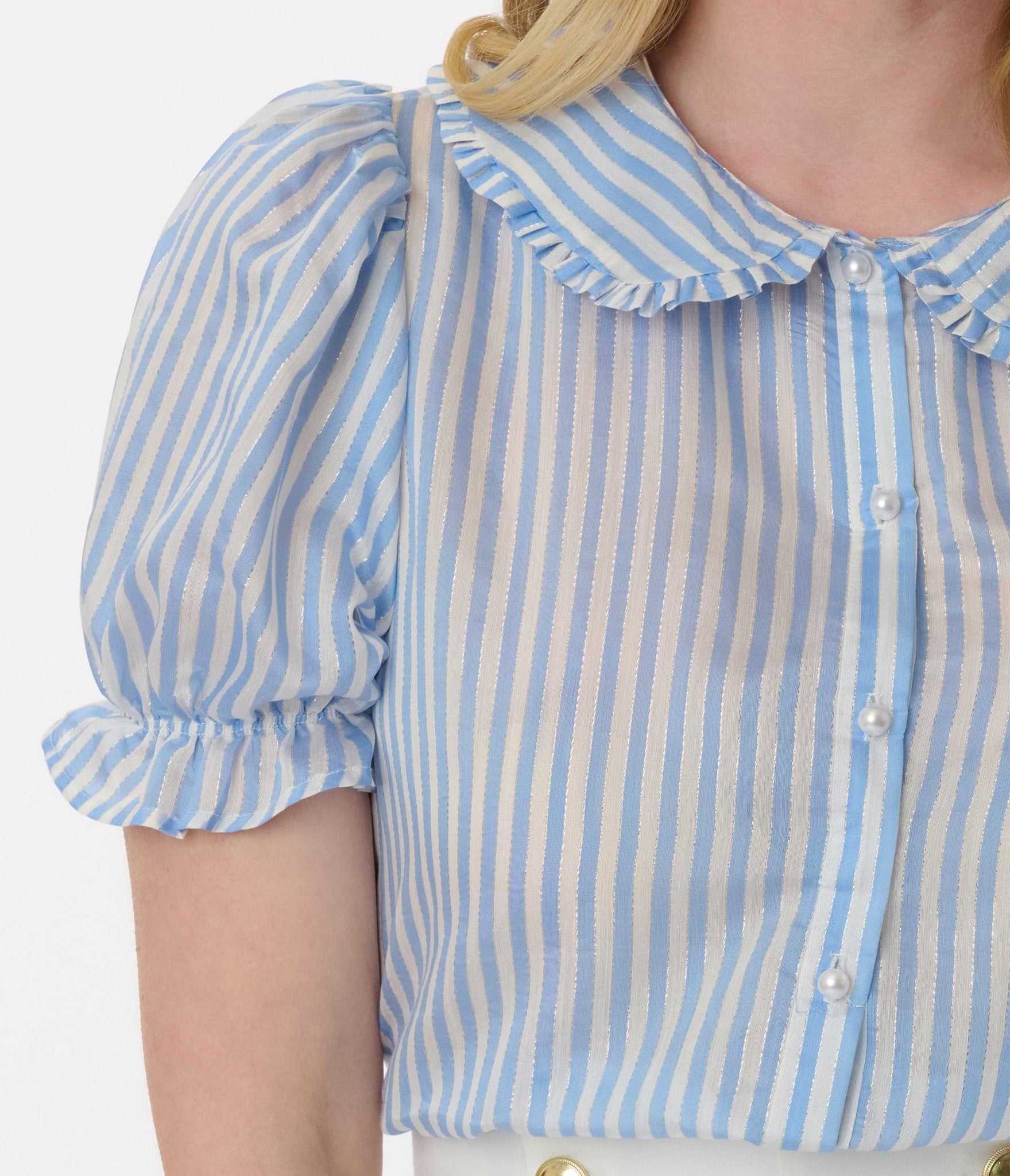 Smak Parlour Blue & White Striped Puff Sleeve Blouse - Unique Vintage - Womens, TOPS, WOVEN TOPS