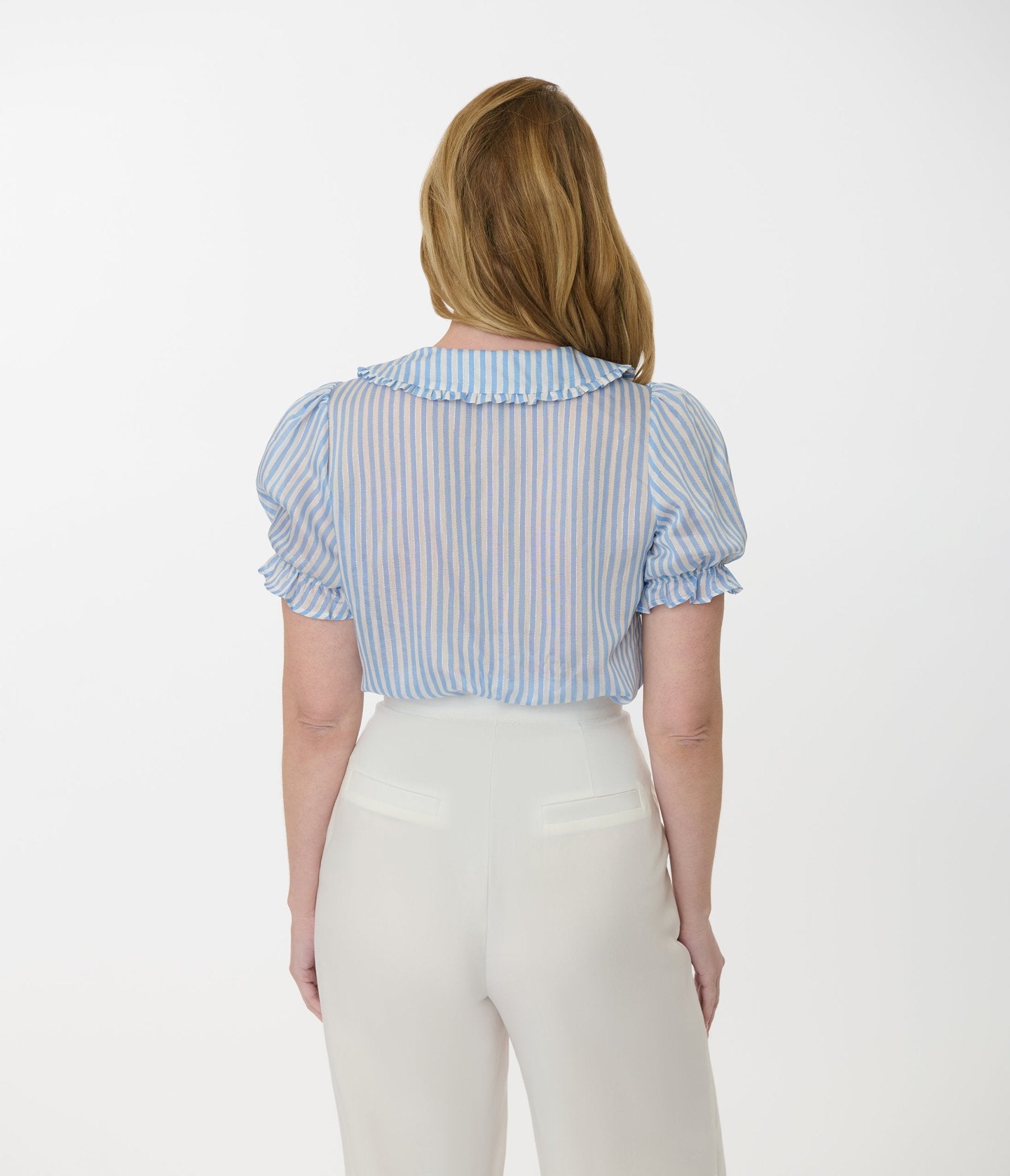 Smak Parlour Blue & White Striped Puff Sleeve Blouse - Unique Vintage - Womens, TOPS, WOVEN TOPS