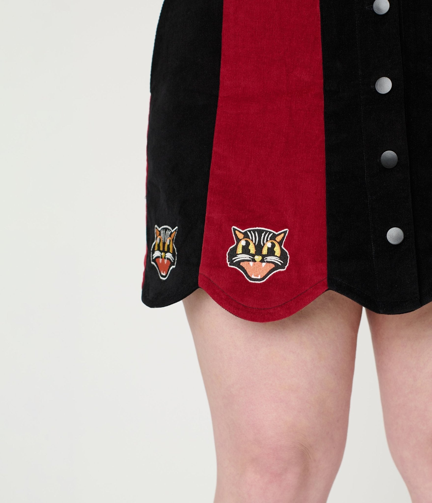 Smak Parlour Burgundy & Black Stripe Spooky Cat Corduroy Mini Skirt - Unique Vintage - Womens, BOTTOMS, SKIRTS