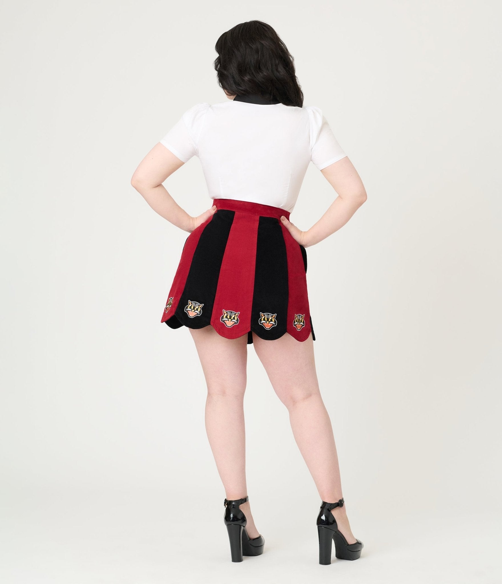 Smak Parlour Burgundy & Black Stripe Spooky Cat Corduroy Mini Skirt - Unique Vintage - Womens, BOTTOMS, SKIRTS