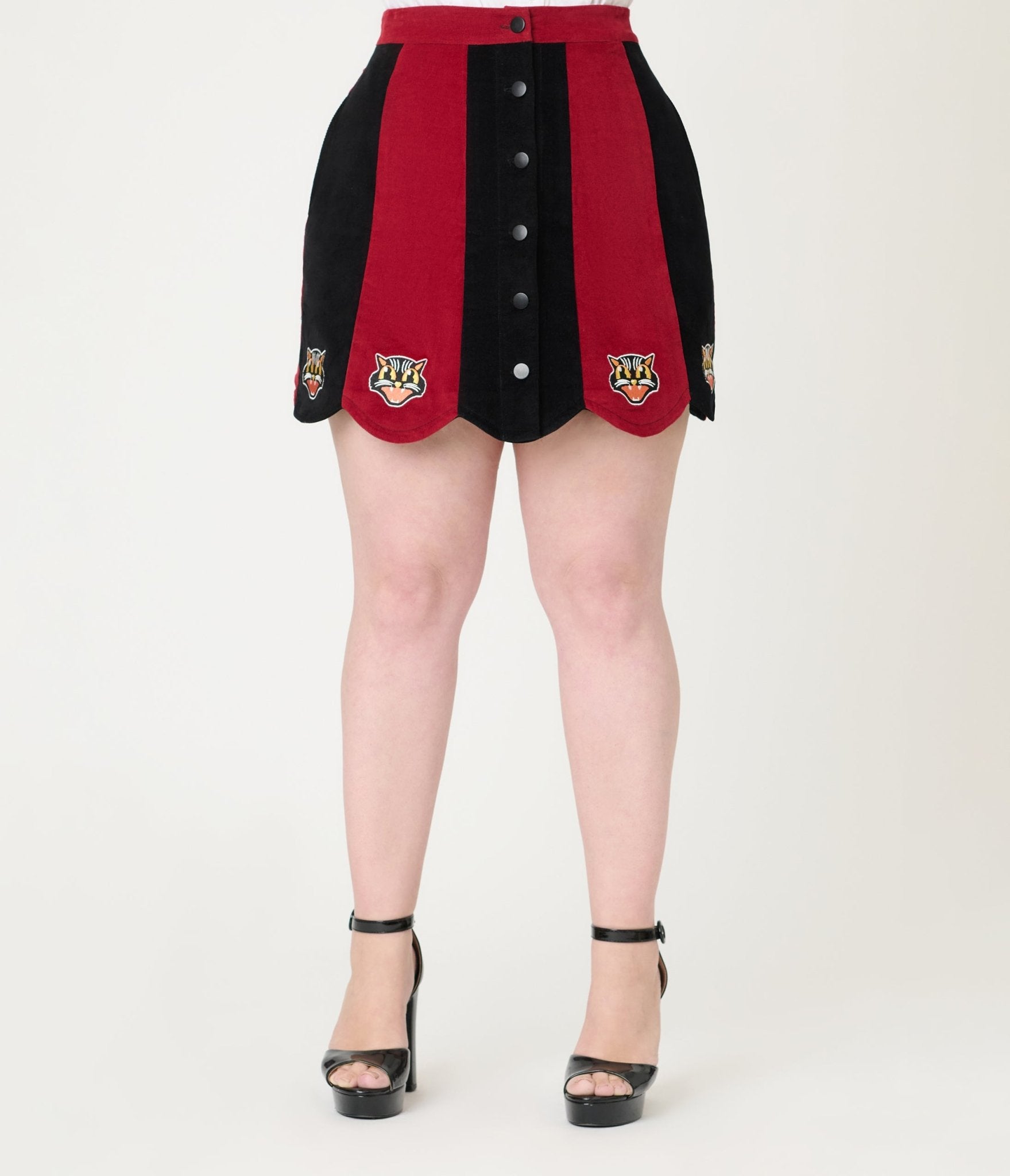 Smak Parlour Burgundy & Black Stripe Spooky Cat Corduroy Mini Skirt - Unique Vintage - Womens, BOTTOMS, SKIRTS
