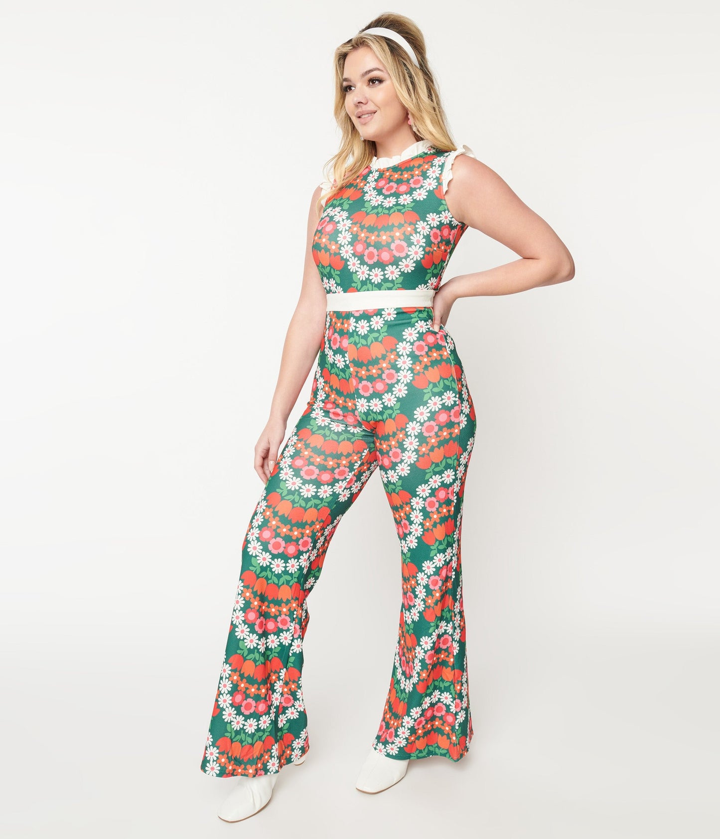 Smak Parlour Green & Red Daisy Chain Back Bow Jumpsuit - Unique Vintage - Womens, BOTTOMS, ROMPERS AND JUMPSUITS