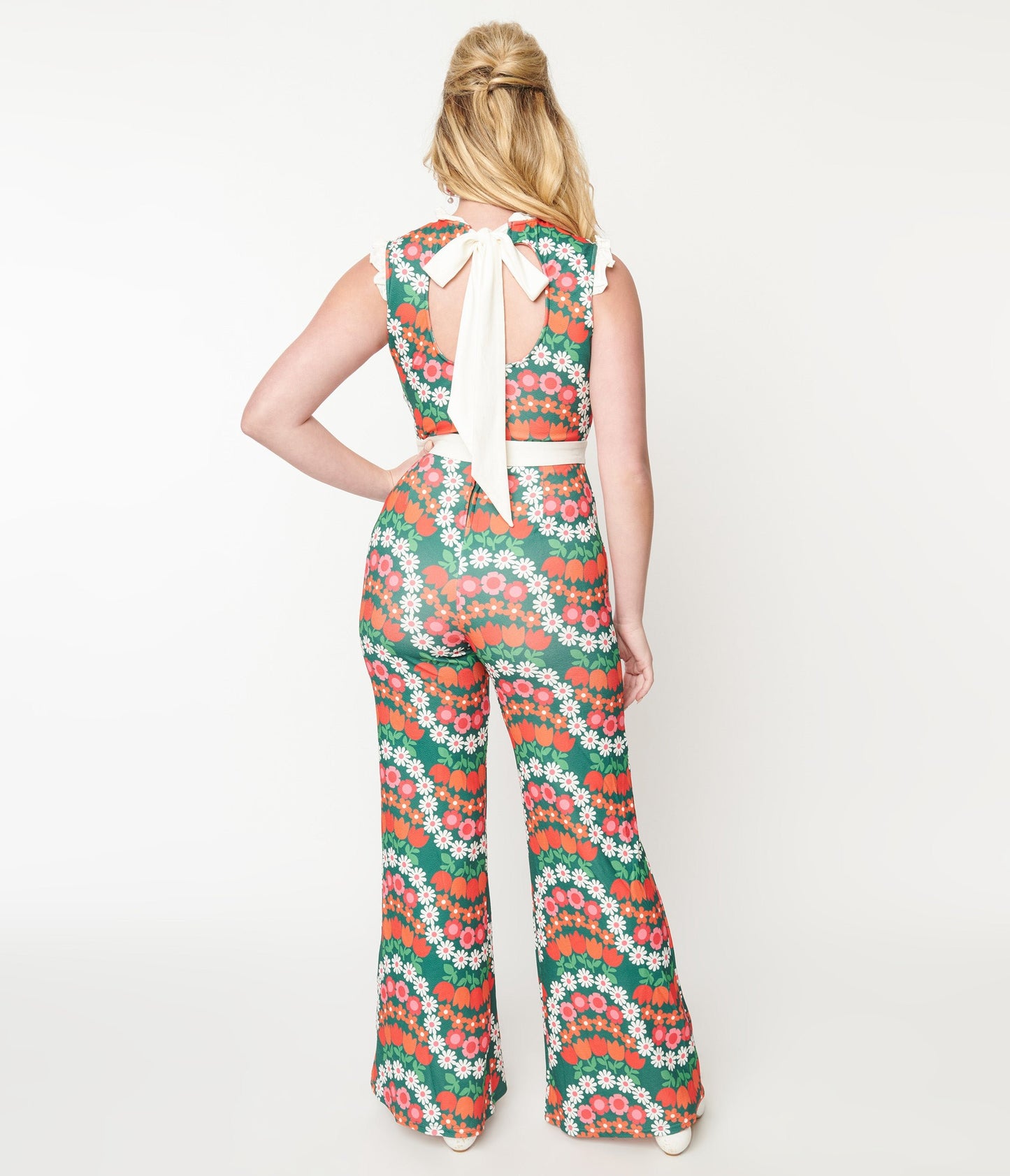 Smak Parlour Green & Red Daisy Chain Back Bow Jumpsuit - Unique Vintage - Womens, BOTTOMS, ROMPERS AND JUMPSUITS