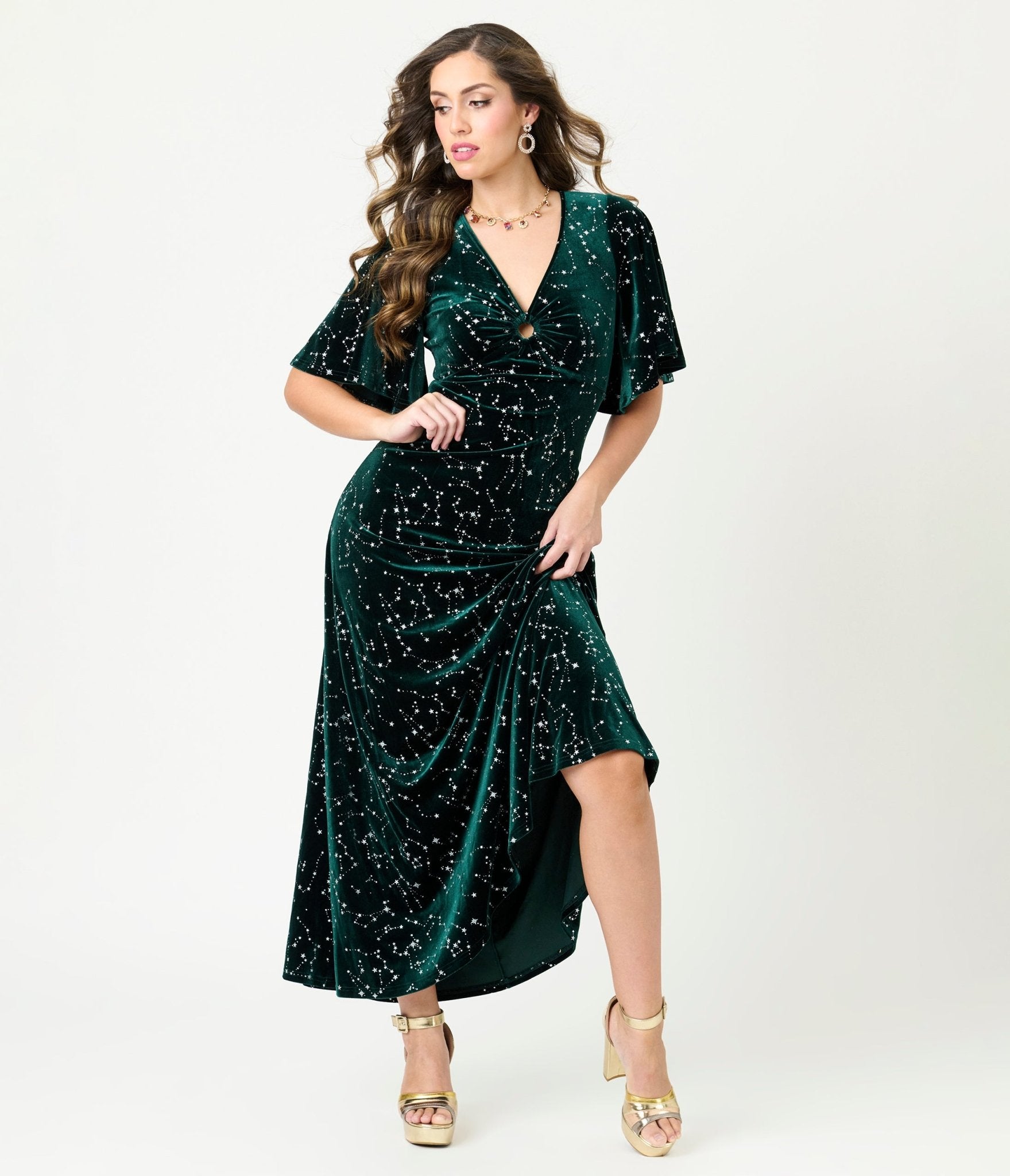Smak Parlour Green Velvet Silver Stars Maxi Dress Unique Vintage Smak Parlour Green Velvet Silver Stars Maxi Dress Unique Vintage
