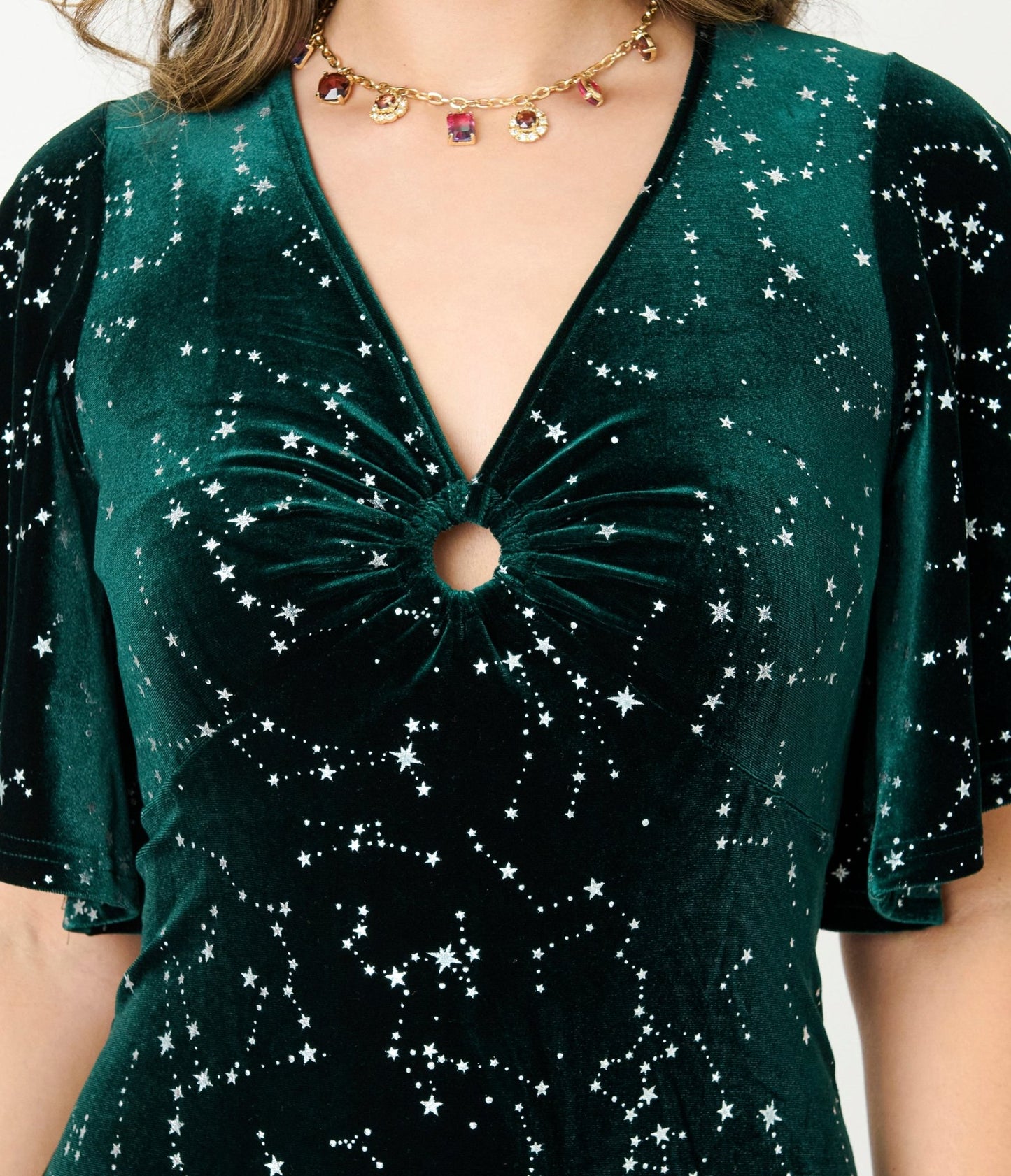 Smak Parlour Green Velvet Silver Stars Cutout Maxi Dress - Unique Vintage - Womens, DRESSES, MAXI