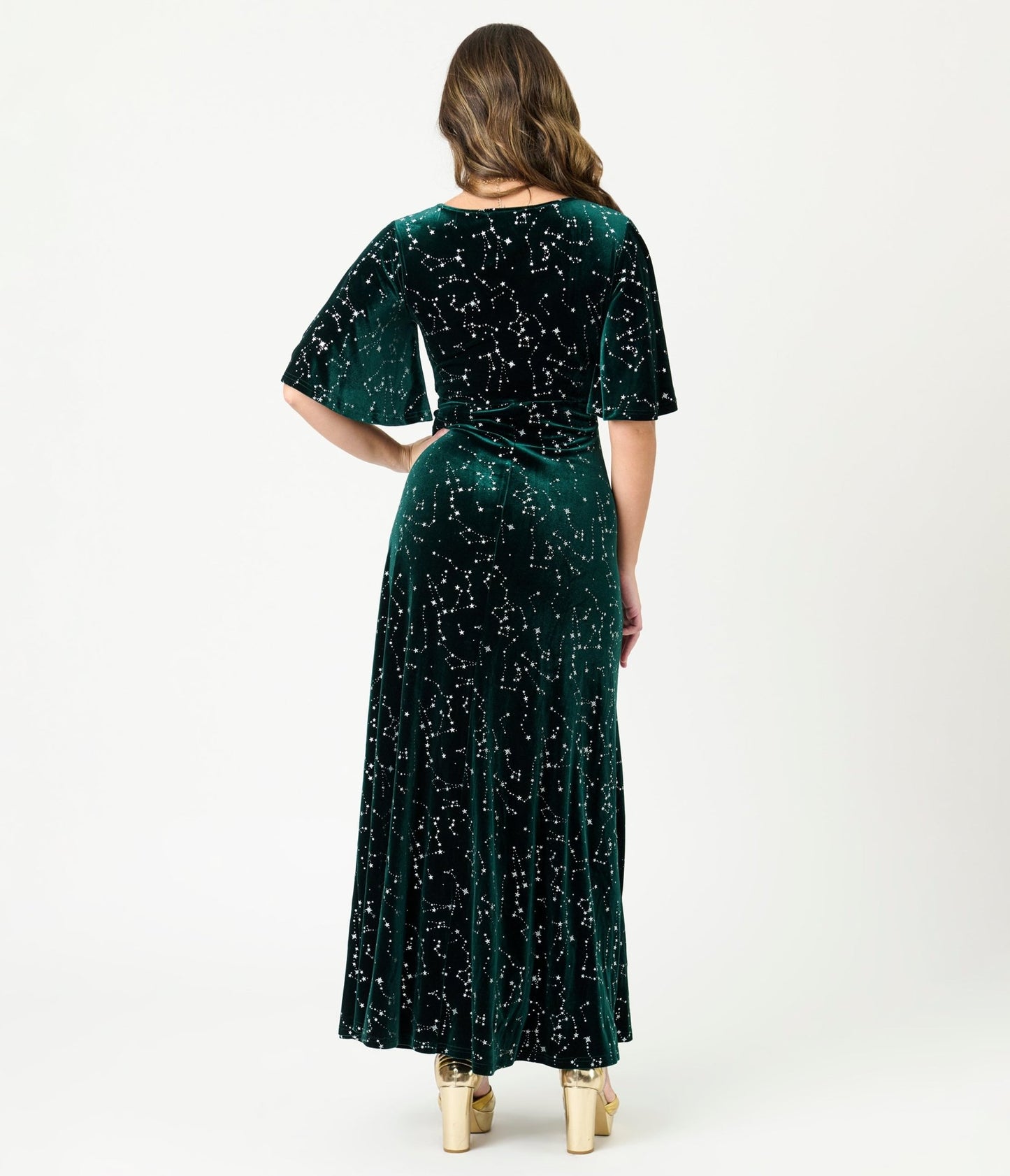Smak Parlour Green Velvet Silver Stars Cutout Maxi Dress - Unique Vintage - Womens, DRESSES, MAXI