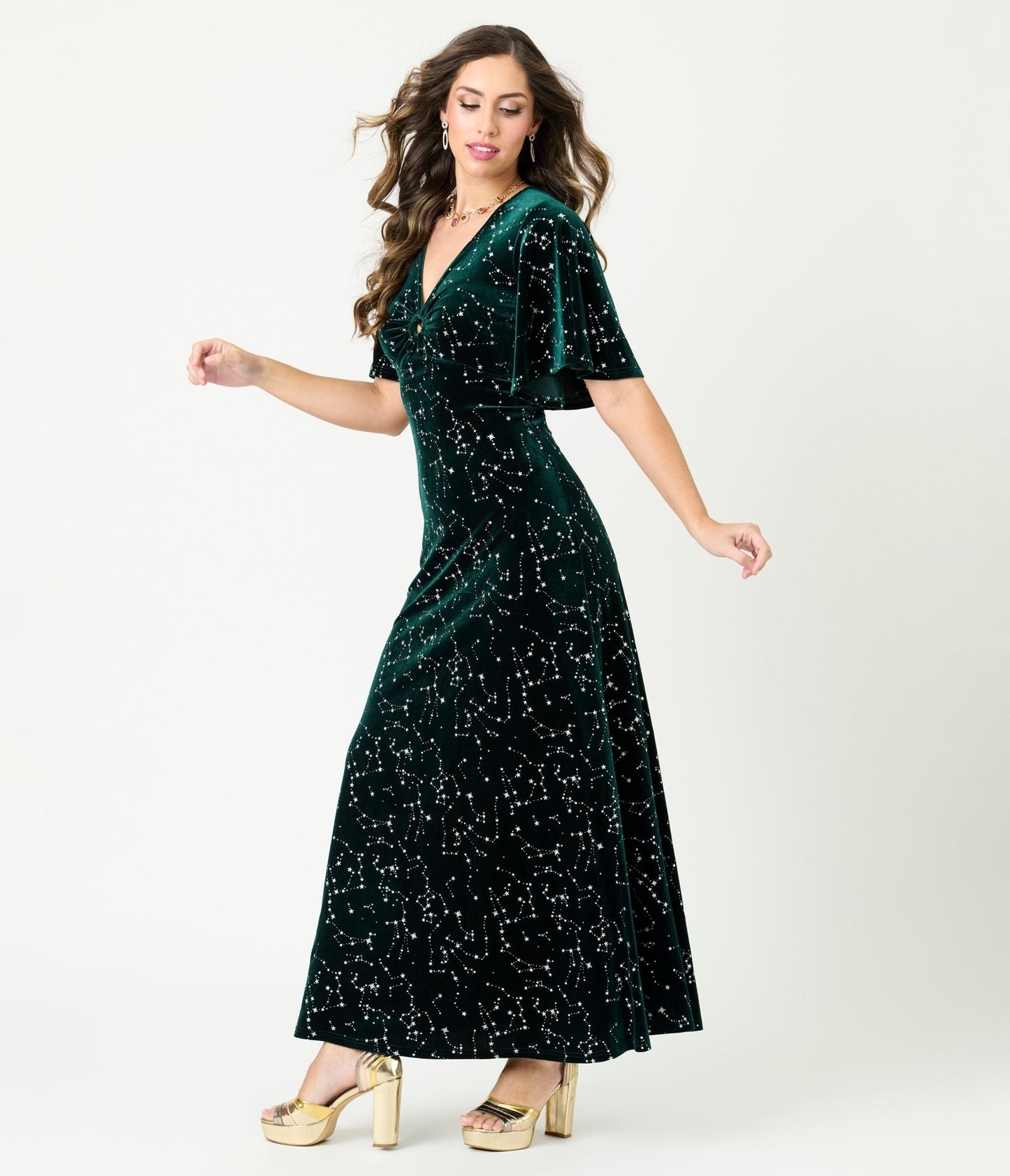 Smak Parlour Green Velvet Silver Stars Cutout Maxi Dress - Unique Vintage - Womens, DRESSES, MAXI