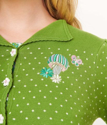 Smak Parlour Green & White Polka Dot Mushroom Embroidered Cardigan - Unique Vintage - Womens, TOPS, KNIT TOPS