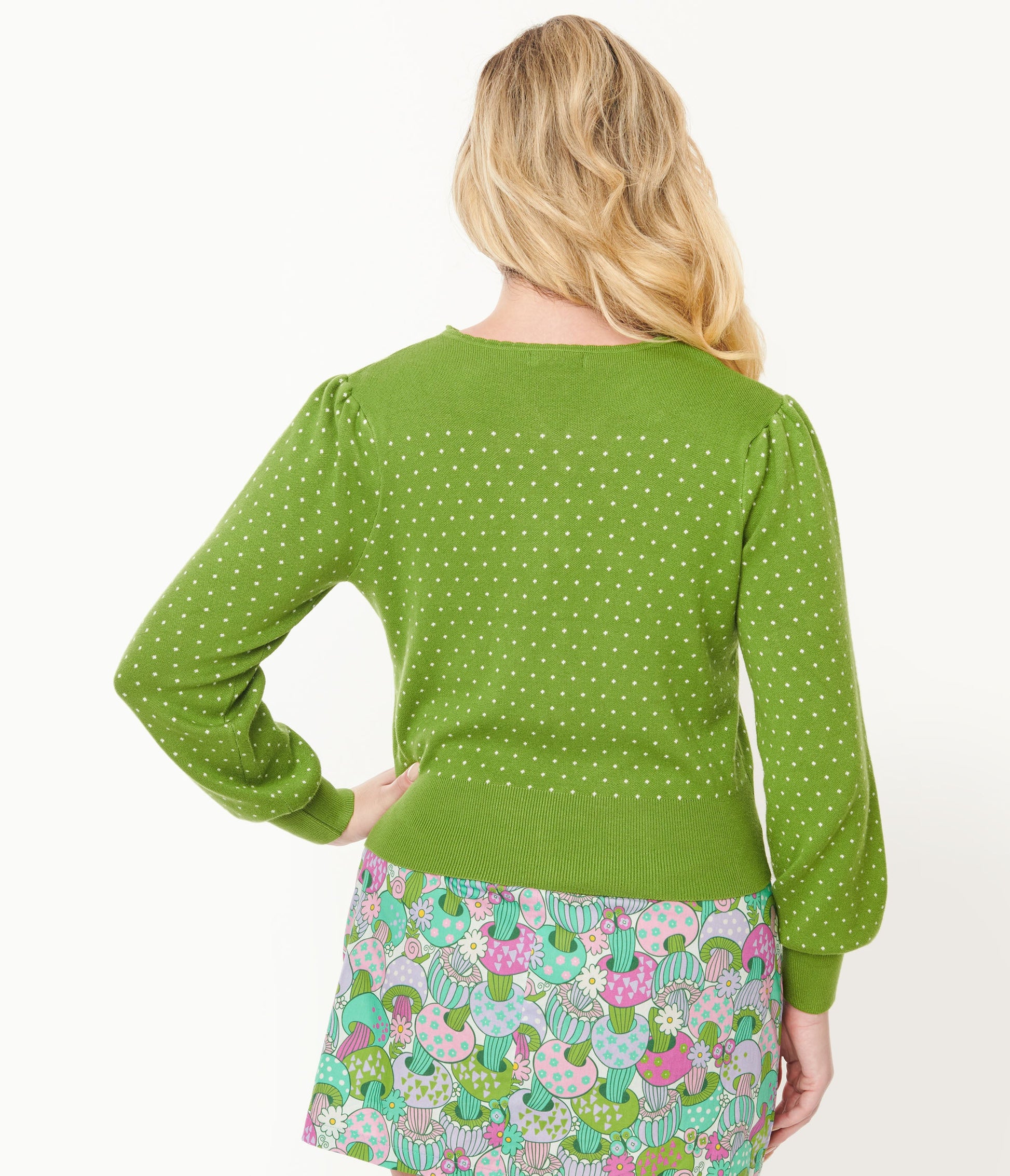 Smak Parlour Green & White Polka Dot Mushroom Embroidered Cardigan - Unique Vintage - Womens, TOPS, KNIT TOPS