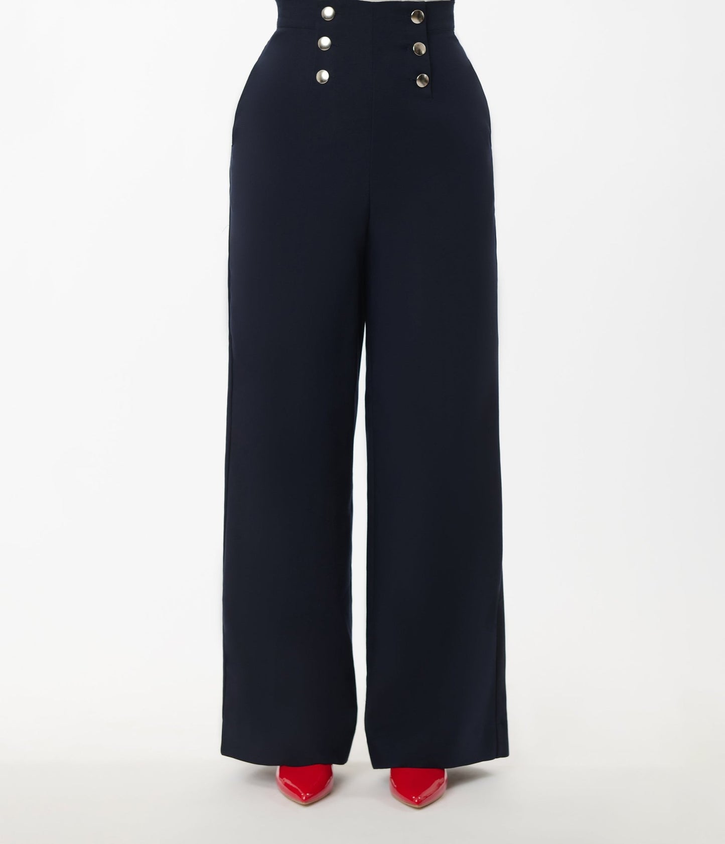 Smak Parlour Navy & Silver Button Wide Leg Sailor Pants - Unique Vintage - Womens, BOTTOMS, PANTS