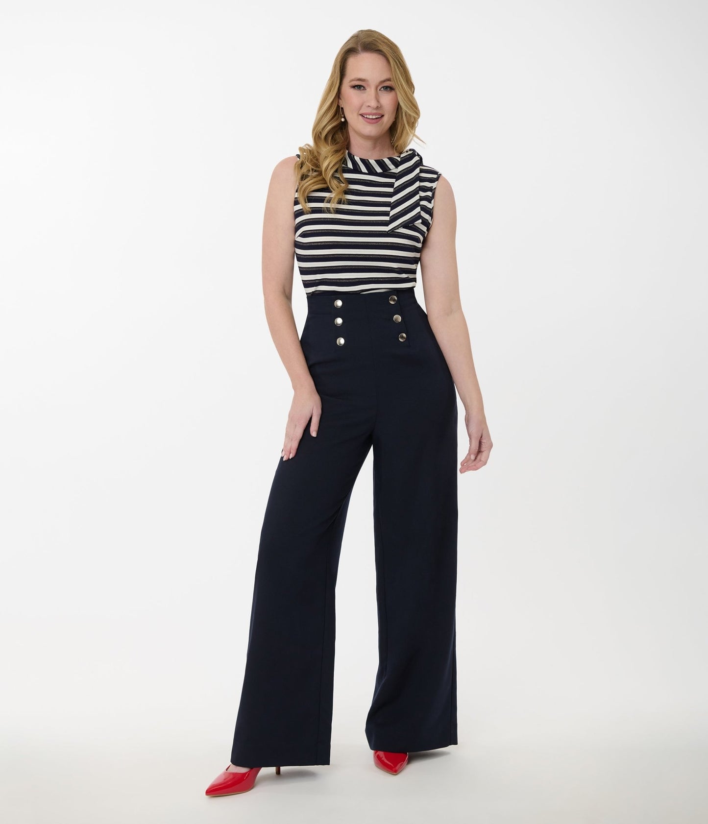 Smak Parlour Navy & Silver Button Wide Leg Sailor Pants - Unique Vintage - Womens, BOTTOMS, PANTS