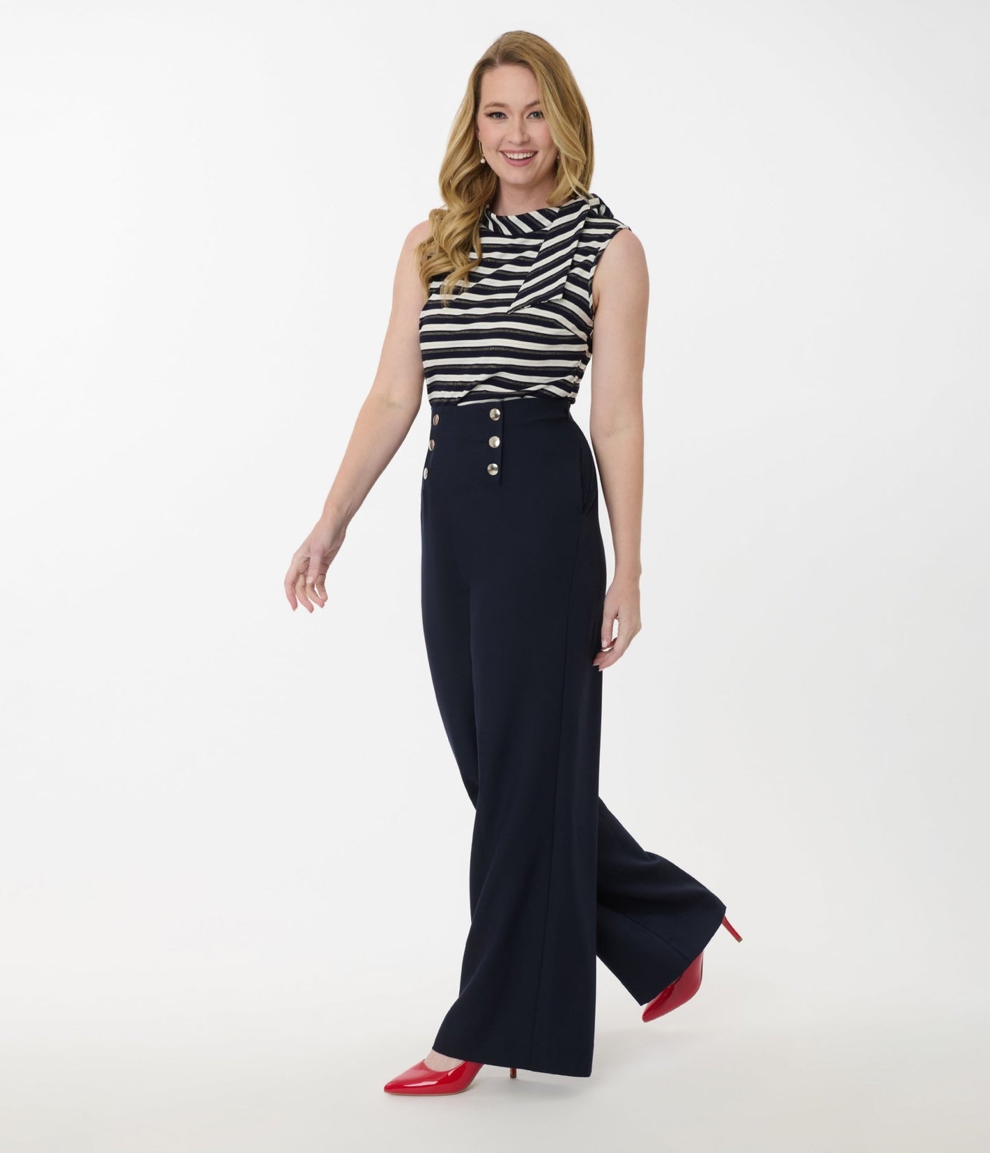 Smak Parlour Navy & Silver Button Wide Leg Sailor Pants - Unique Vintage - Womens, BOTTOMS, PANTS