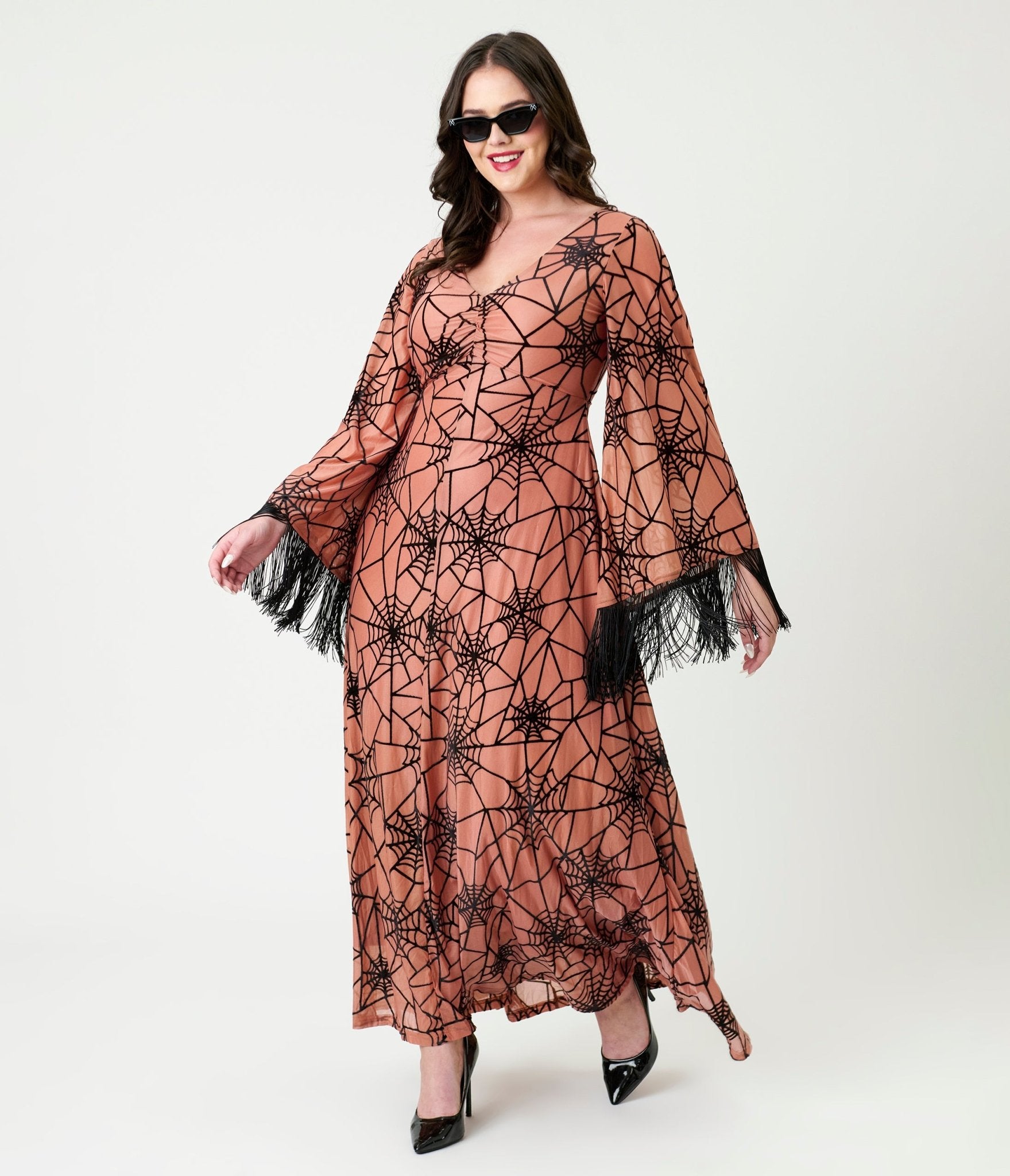 Smak Parlour Nude & Black Spiderweb Fringe Sleeve Stevie Maxi Dress - Unique Vintage - Womens, DRESSES, MAXI