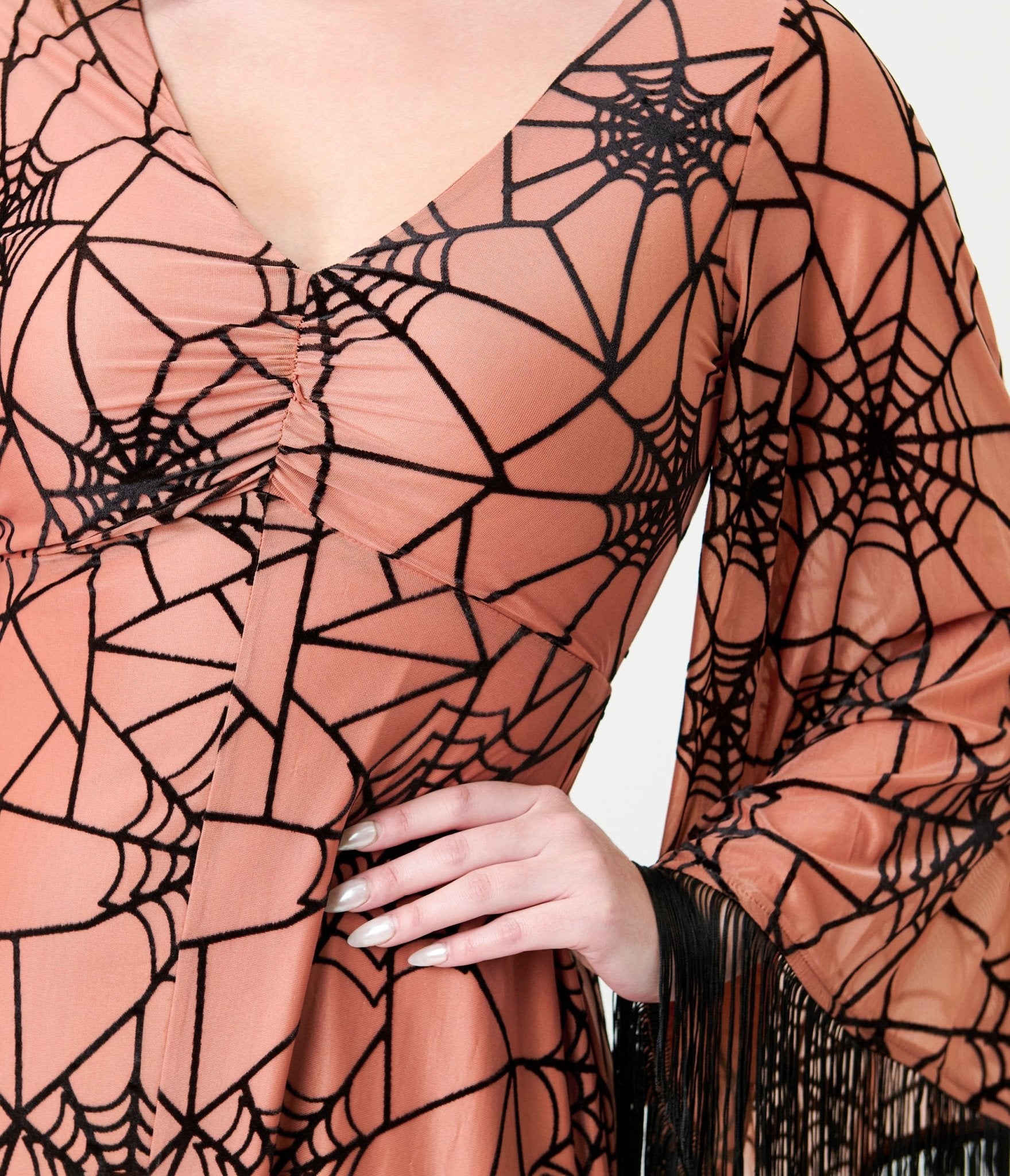 Smak Parlour Nude & Black Spiderweb Fringe Sleeve Stevie Maxi Dress - Unique Vintage - Womens, DRESSES, MAXI