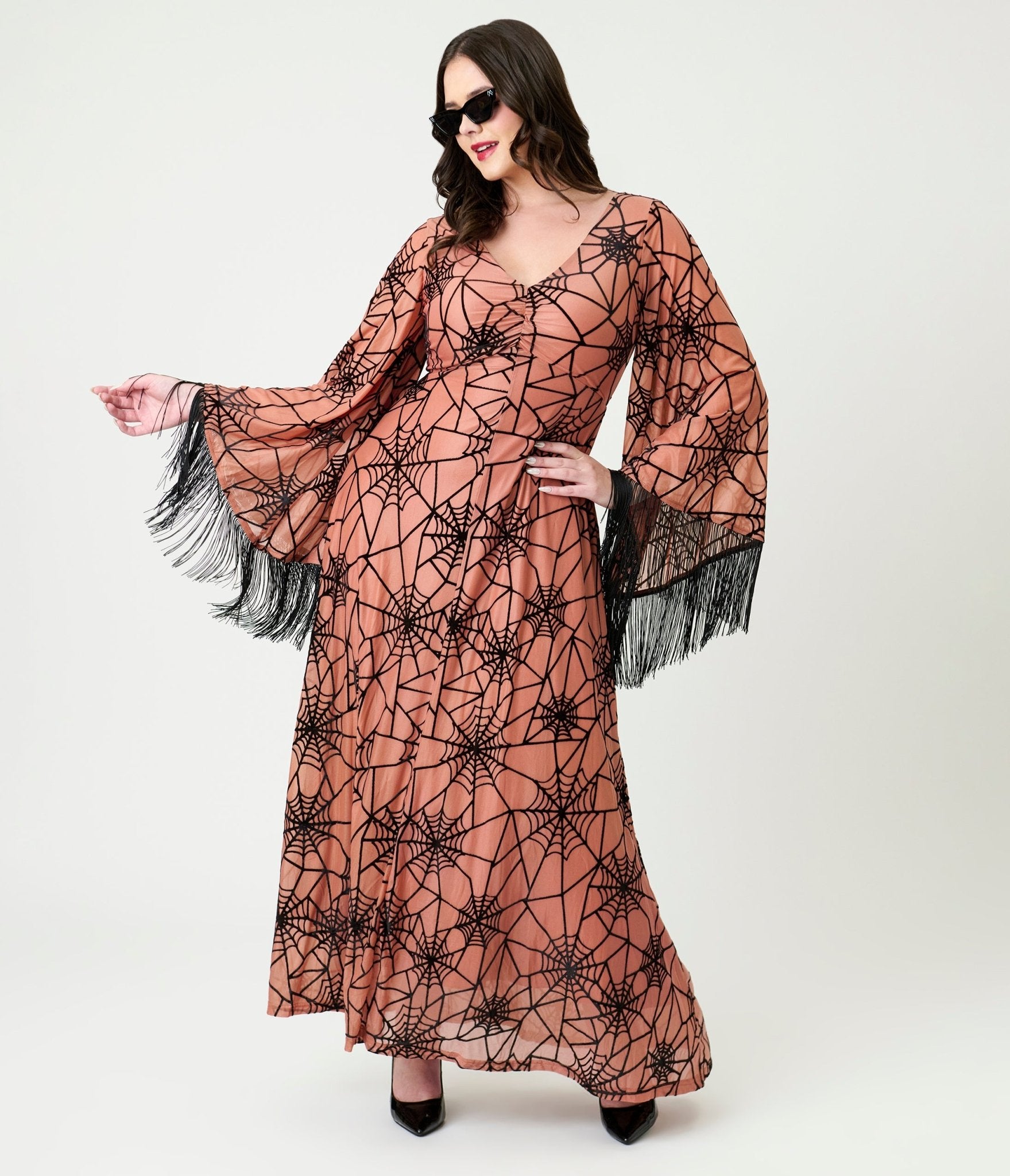 Smak Parlour Nude & Black Spiderweb Fringe Sleeve Stevie Maxi Dress - Unique Vintage - Womens, DRESSES, MAXI