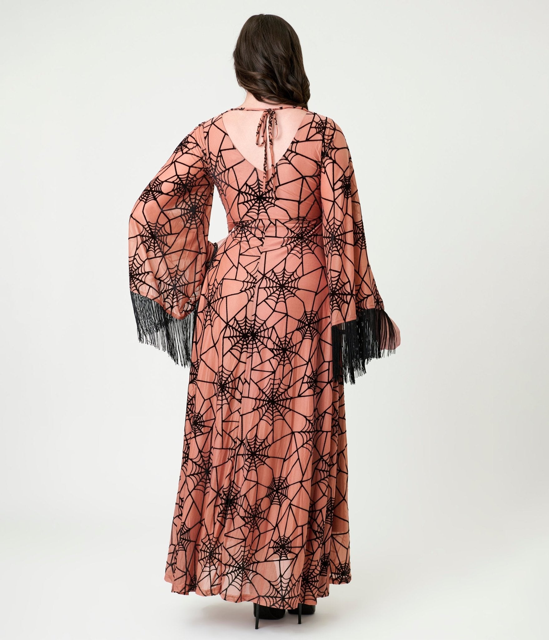 Smak Parlour Nude & Black Spiderweb Fringe Sleeve Stevie Maxi Dress - Unique Vintage - Womens, DRESSES, MAXI