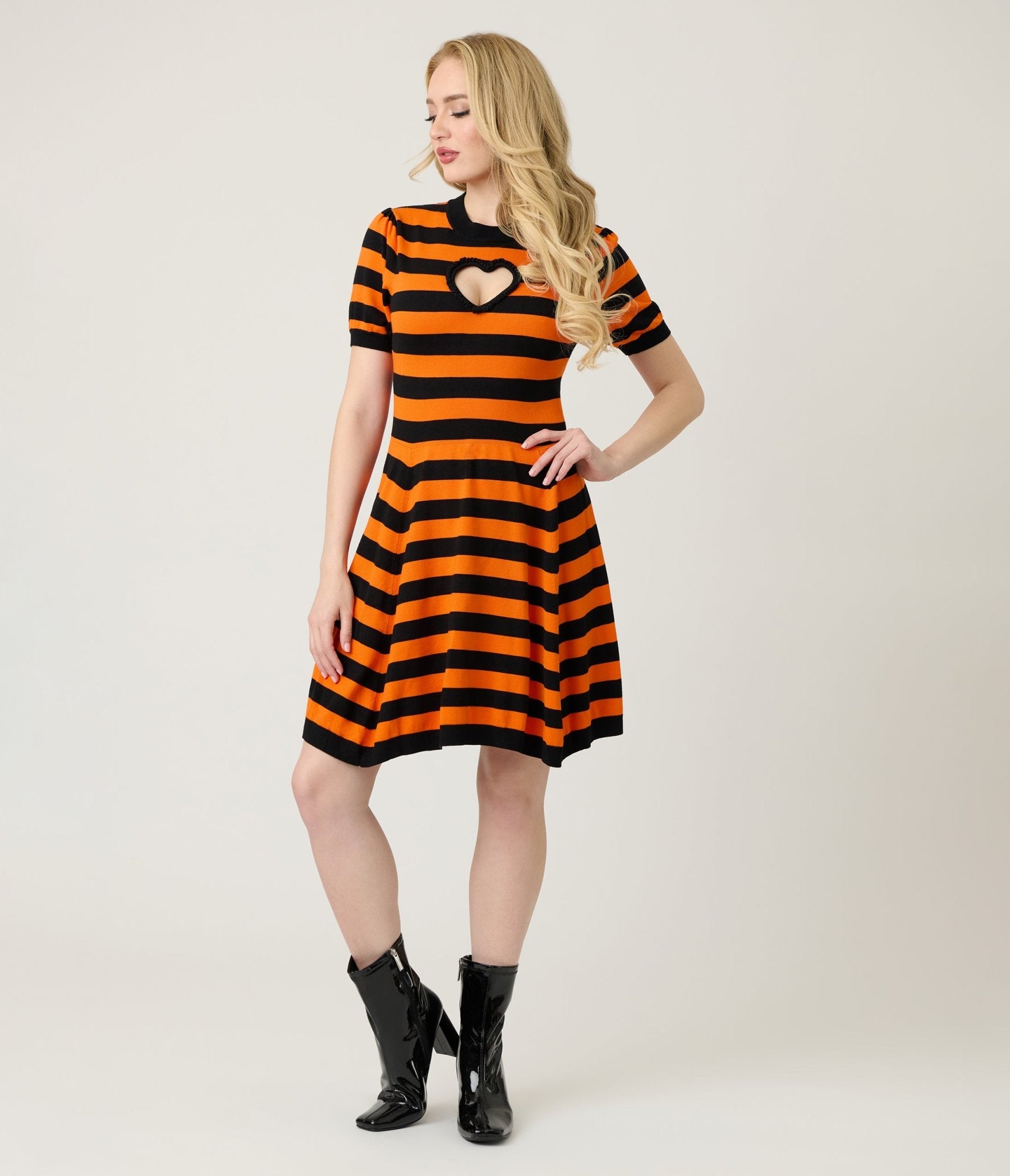 Smak Parlour Orange & Black Heart Cutout Flare Dress - Unique Vintage - Womens, DRESSES, FIT AND FLARE