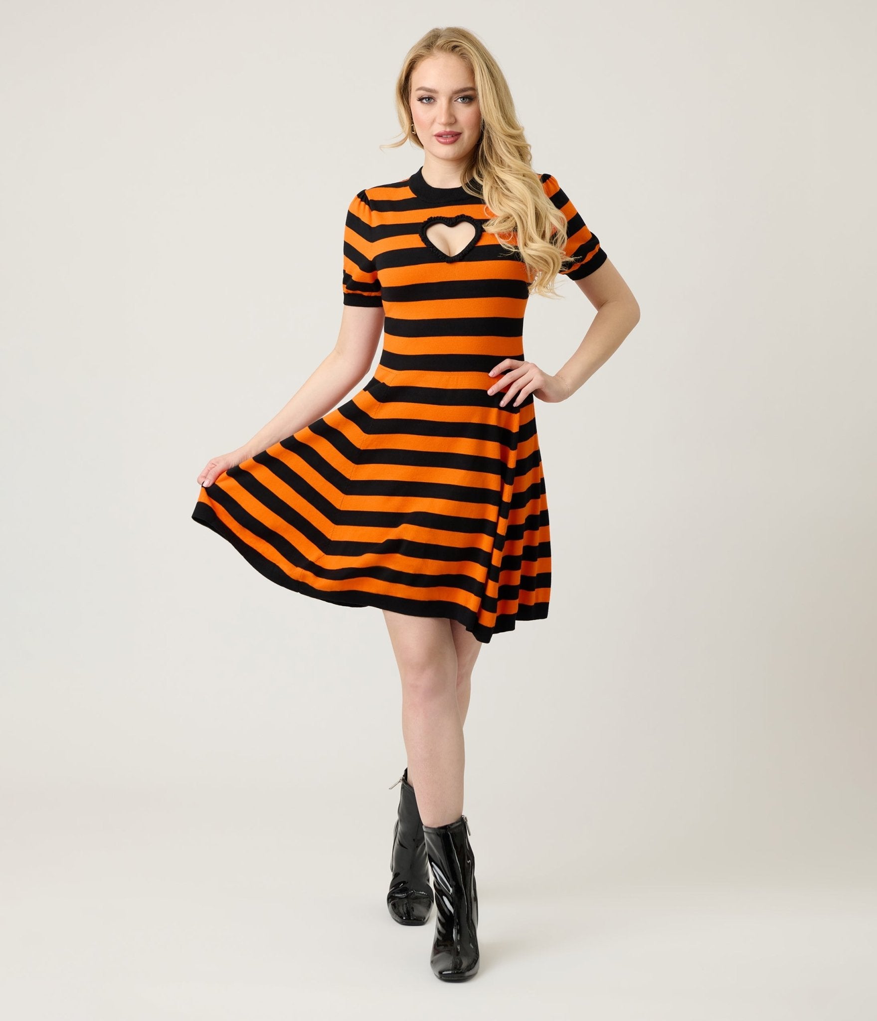 Smak Parlour Orange & Black Heart Cutout Flare Dress - Unique Vintage - Womens, DRESSES, FIT AND FLARE