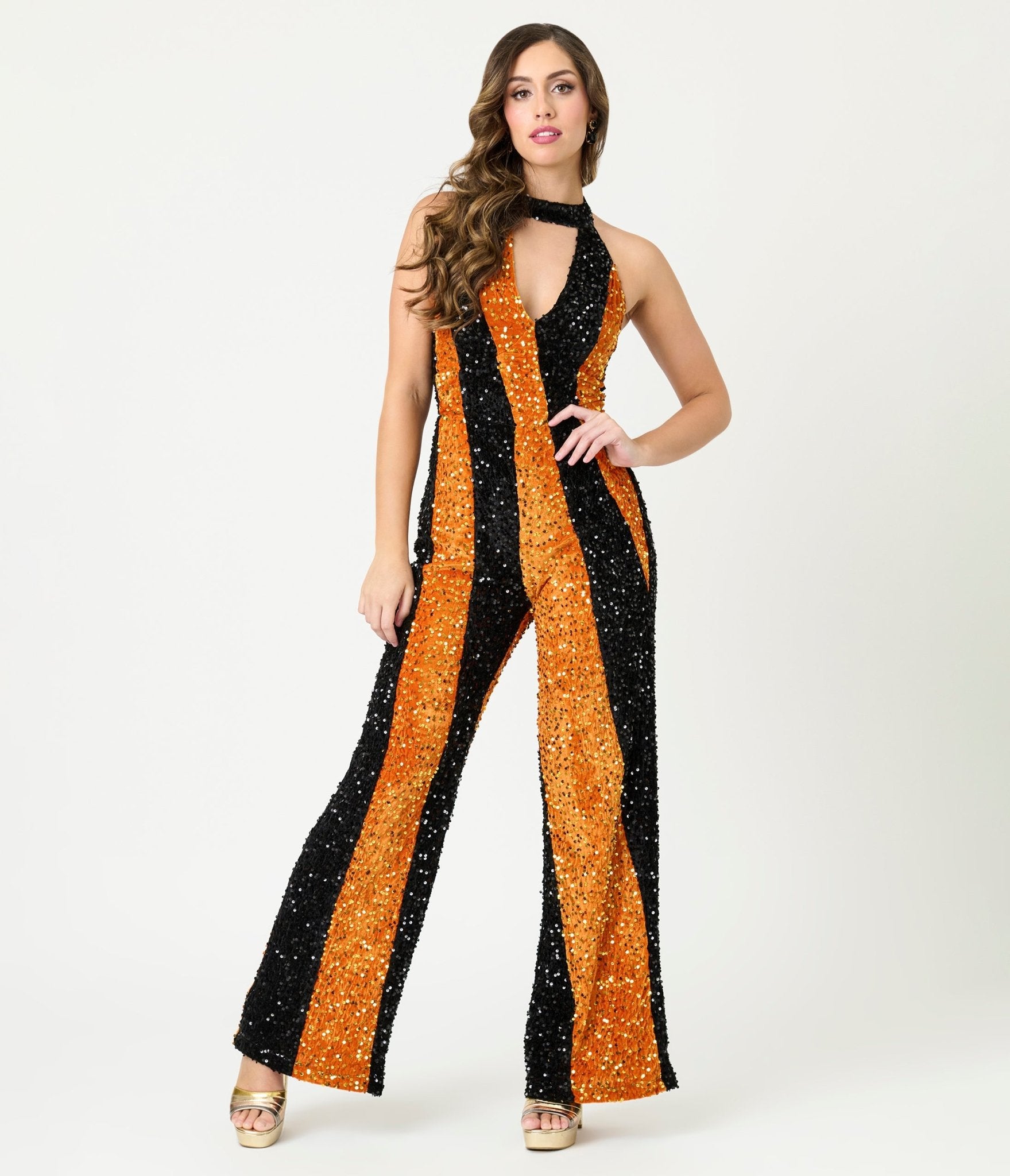Smak Parlour Orange & Silver Sequin Glamour Goddess Jumpsuit - Unique Vintage - Womens, BOTTOMS, ROMPERS AND JUMPSUITS