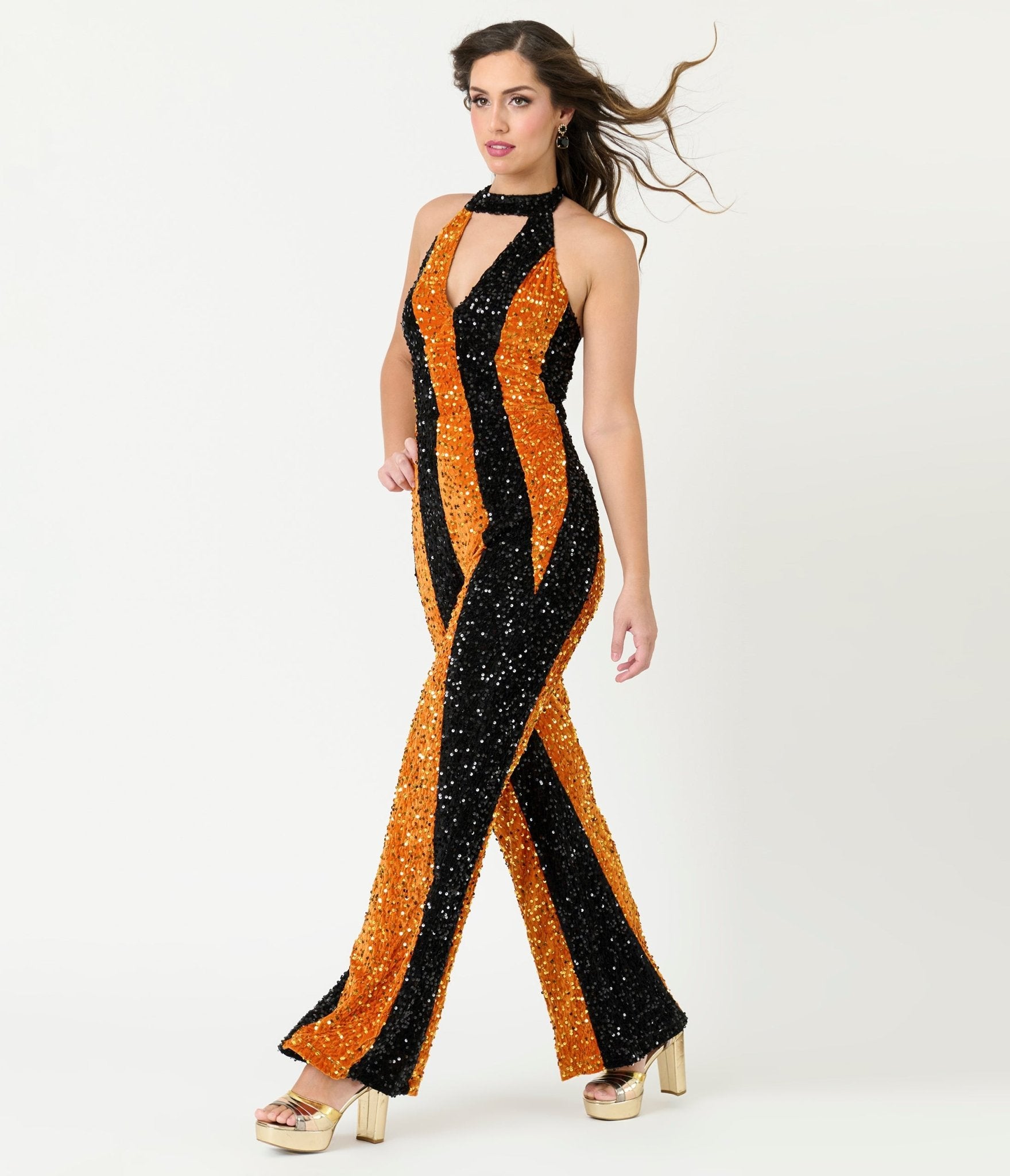 Smak Parlour Orange & Silver Sequin Glamour Goddess Jumpsuit - Unique Vintage - Womens, BOTTOMS, ROMPERS AND JUMPSUITS