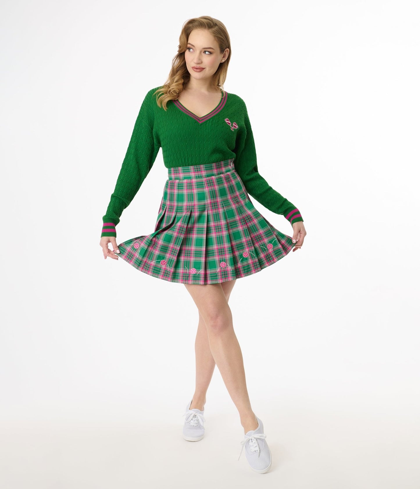 Smak Parlour Pink & Green Plaid Pickleball Pleated Mini Skirt - Unique Vintage - Womens, BOTTOMS, SKIRTS