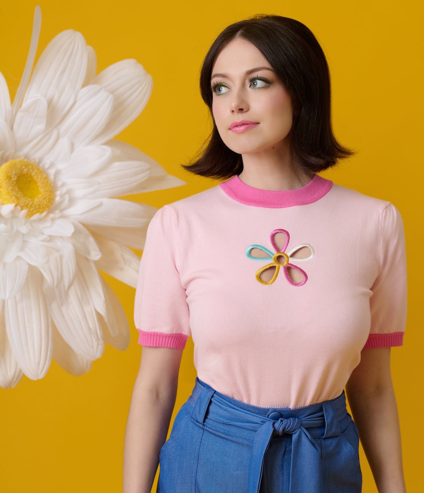 Smak Parlour Pink & Rainbow Flower Cutout Sweater - Unique Vintage - Womens, TOPS, SWEATERS