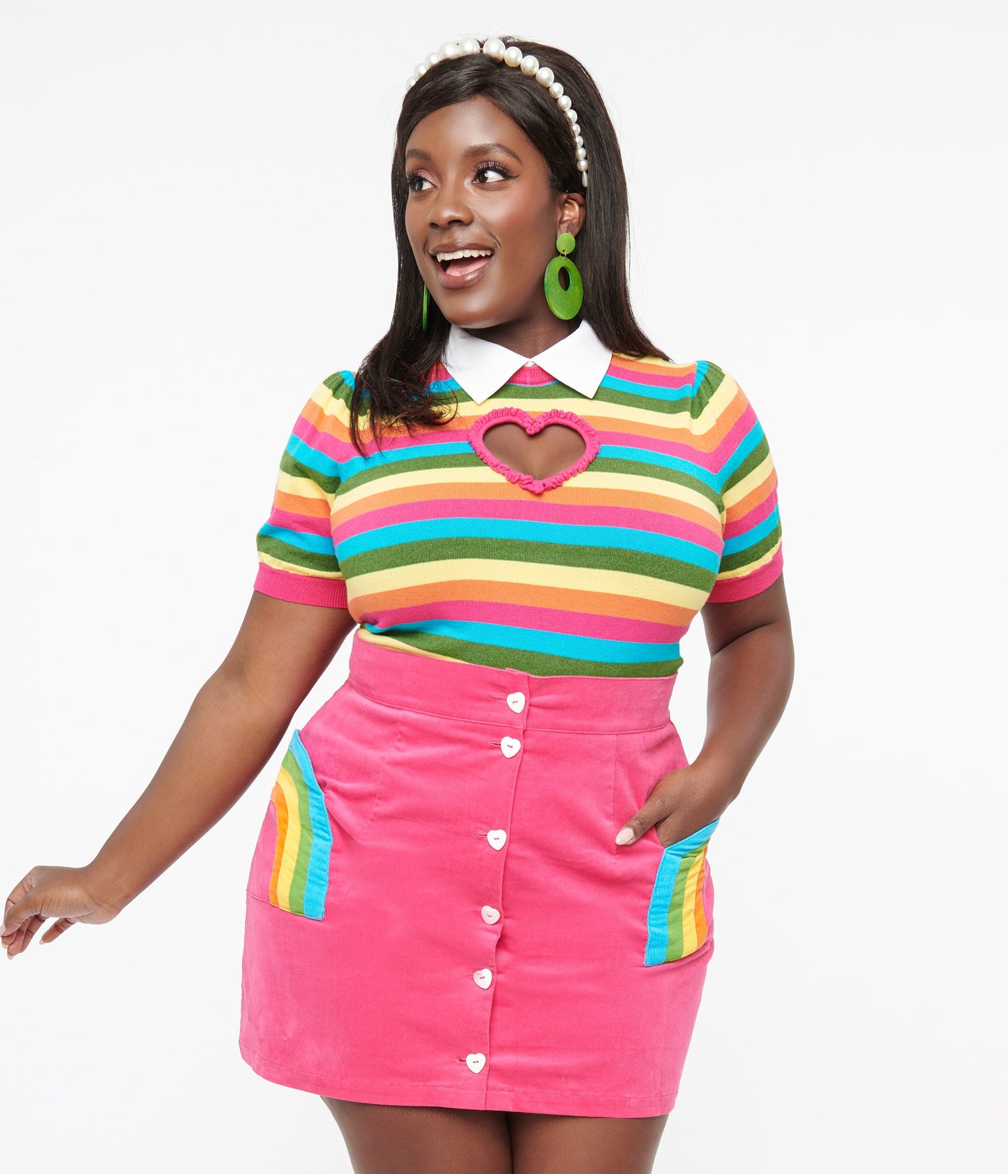 Smak Parlour Plus Size 1950s Rainbow Stripe Heart Sweater - Unique Vintage - Womens, TOPS, SWEATERS