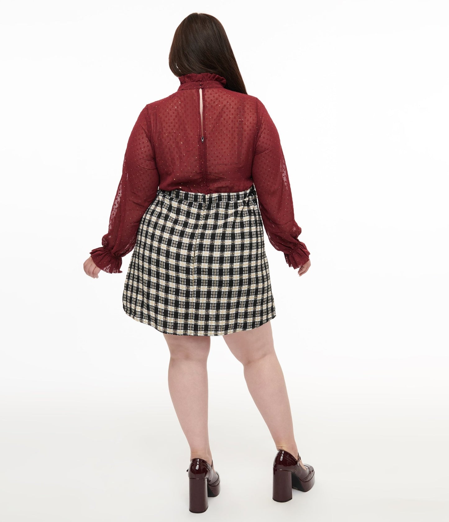 Smak Parlour Plus Size 1960s Burgundy & Plaid Ruffle Neck Empire A - Line Dress - Unique Vintage - Womens, DRESSES, A - LINE