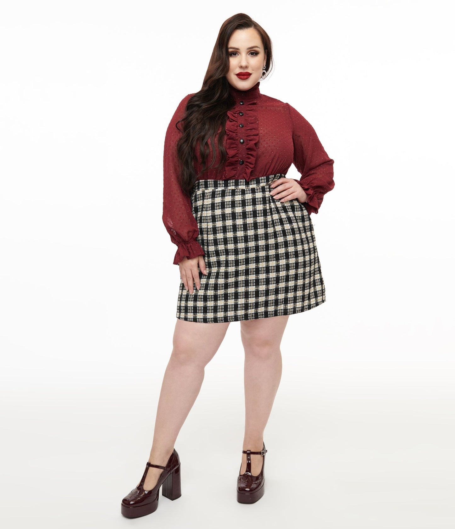 Smak Parlour Plus Size 1960s Burgundy & Plaid Ruffle Neck Empire A - Line Dress - Unique Vintage - Womens, DRESSES, A - LINE
