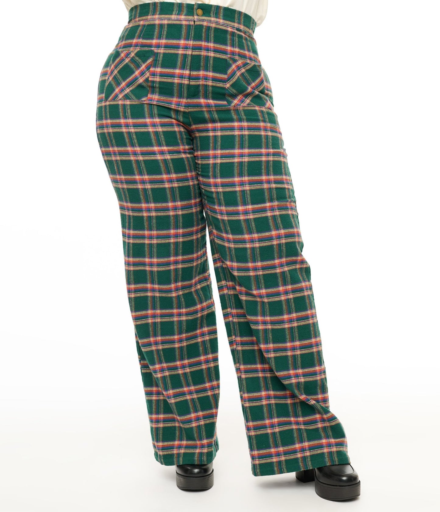 Smak Parlour Plus Size 1960s Green & Red Plaid Wide Leg Trousers - Unique Vintage - Womens, BOTTOMS, PANTS