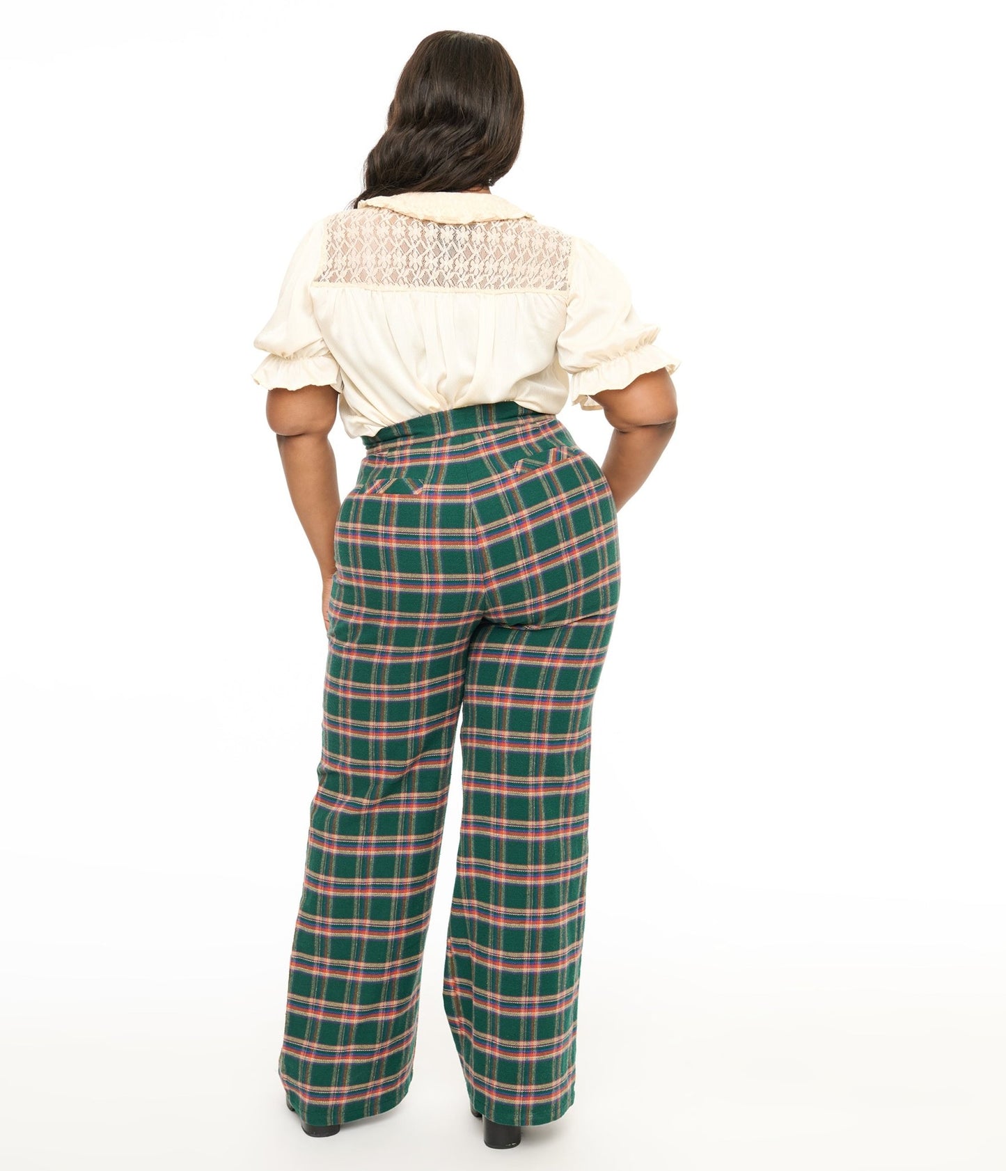 Smak Parlour Plus Size 1960s Green & Red Plaid Wide Leg Trousers - Unique Vintage - Womens, BOTTOMS, PANTS