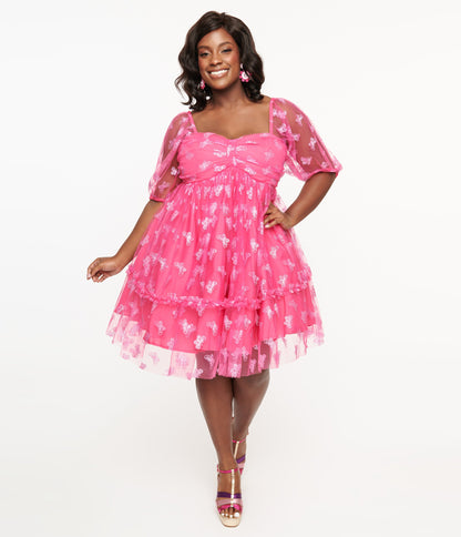 Smak Parlour Plus Size 1960s Hot Pink Glitter Butterfly Babydoll Dress - Unique Vintage - Womens, DRESSES, BABYDOLL
