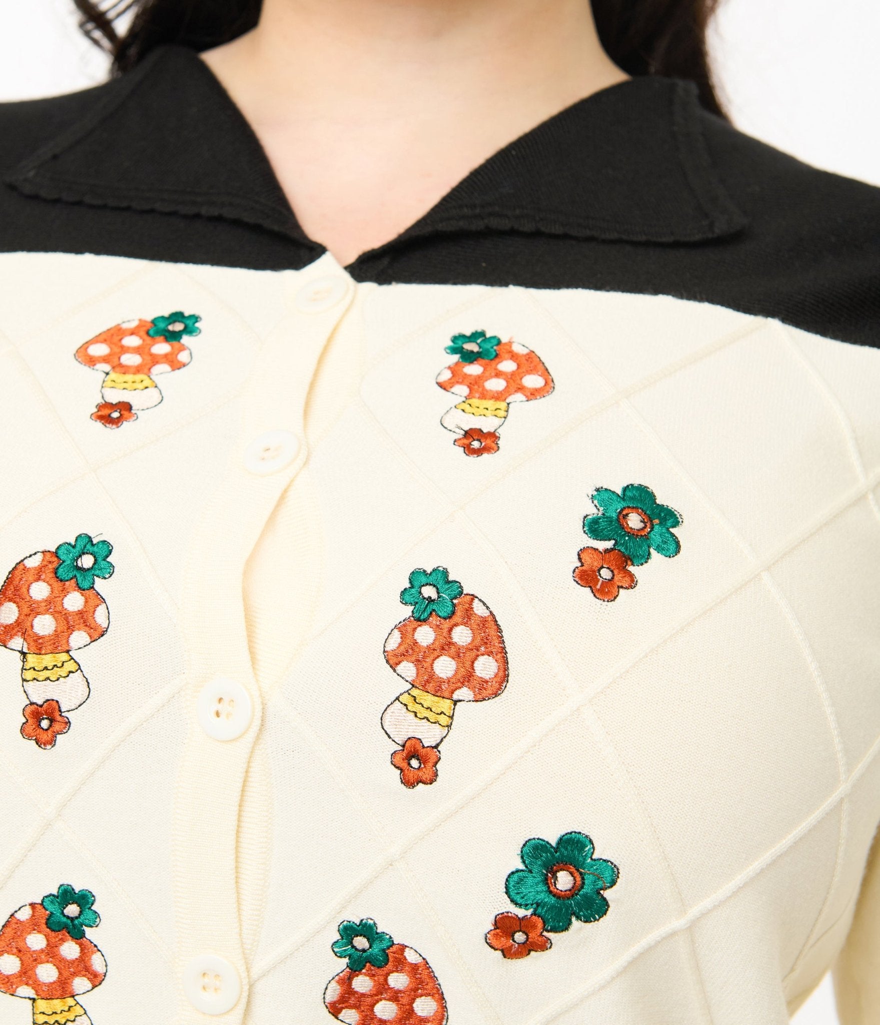 Smak Parlour Plus Size 1960s Ivory & Black Mushroom Embroidered Cardigan - Unique Vintage - Womens, TOPS, SWEATERS