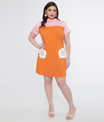Smak Parlour Plus Size 1960s Orange & Pink Flower Pocket Shift Dress - Unique Vintage - Womens, DRESSES, SHIFTS