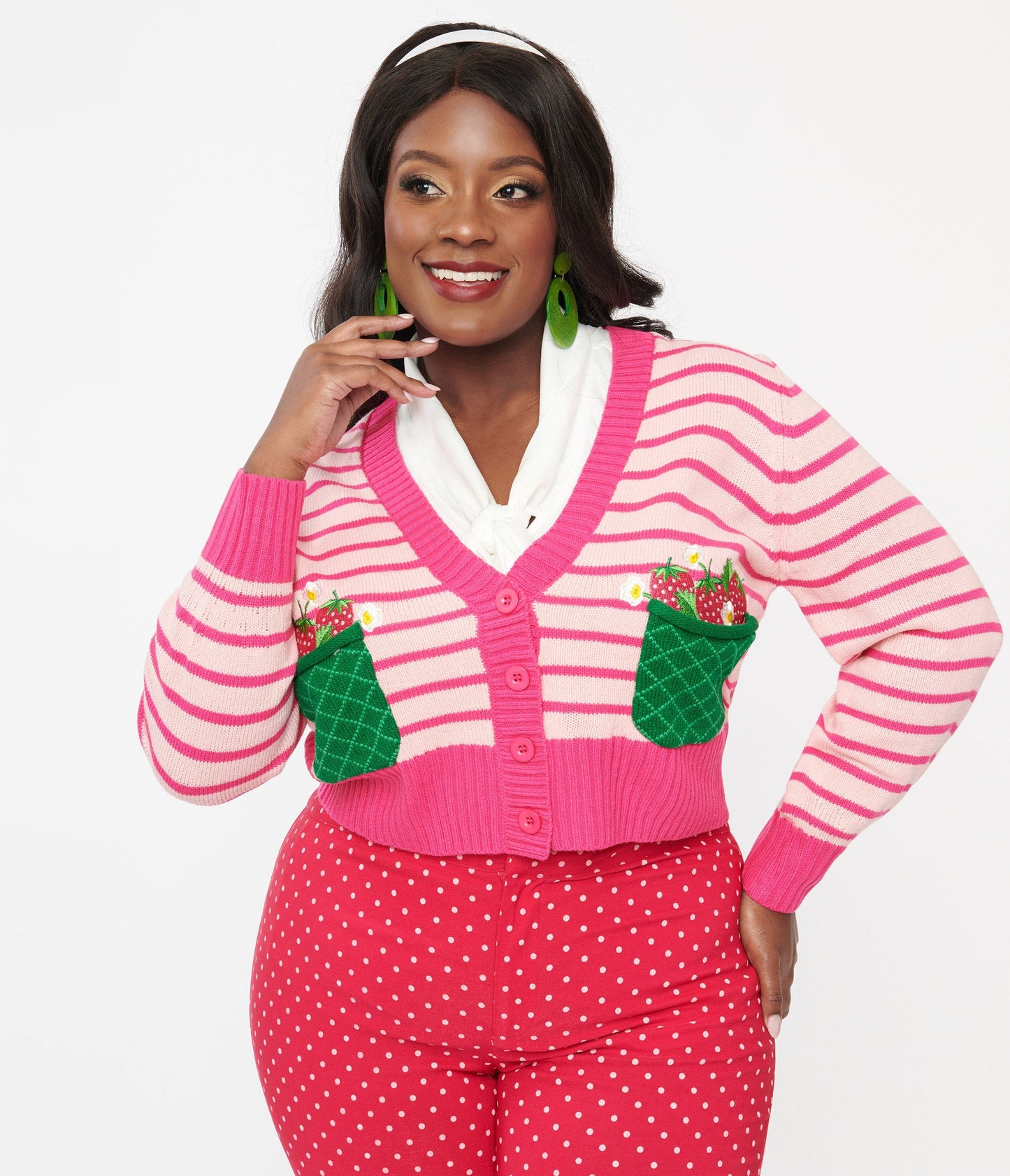 Smak Parlour Plus Size 1960s Pink Stripes & Strawberry Pocket Cardigan - Unique Vintage - Womens, TOPS, SWEATERS