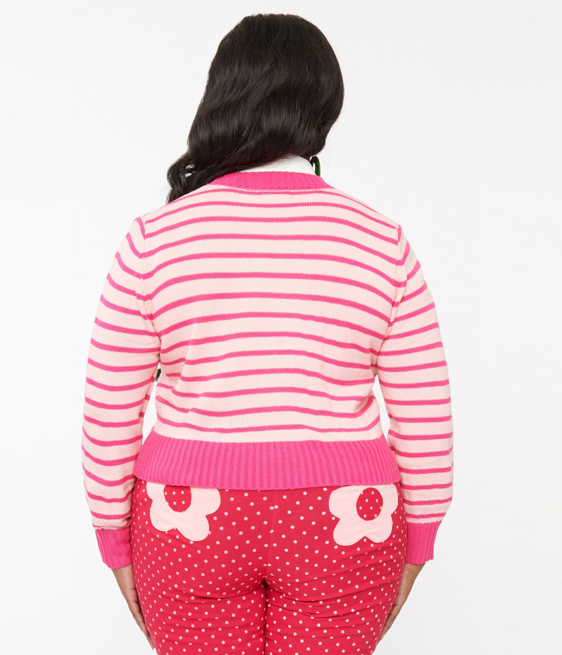 Smak Parlour Plus Size 1960s Pink Stripes & Strawberry Pocket Cardigan - Unique Vintage - Womens, TOPS, SWEATERS