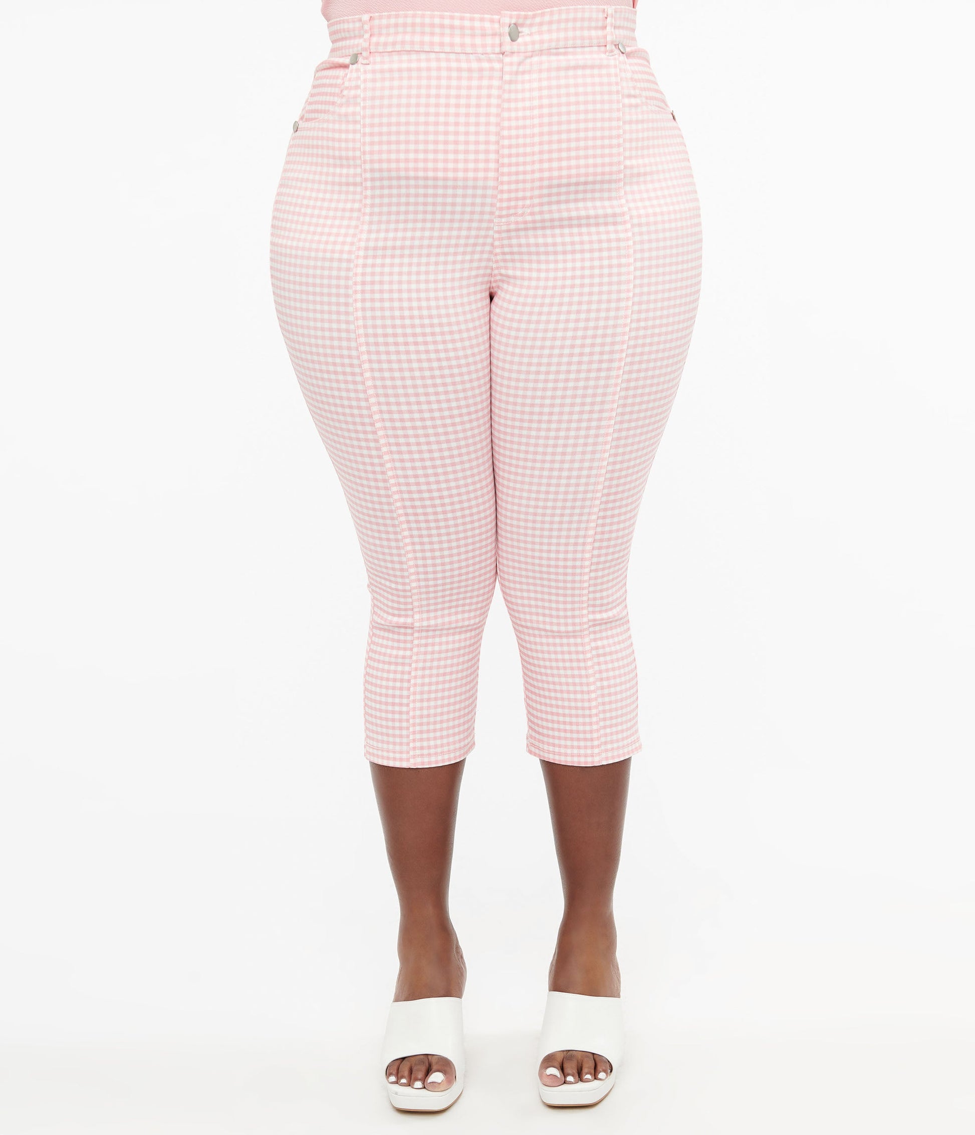Smak Parlour Plus Size 1960s Pink & White Gingham Capri Pants - Unique Vintage - Womens, BOTTOMS, CAPRI