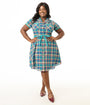Smak Parlour Plus Size 1960s Teal Madras Fit & Flare Dress