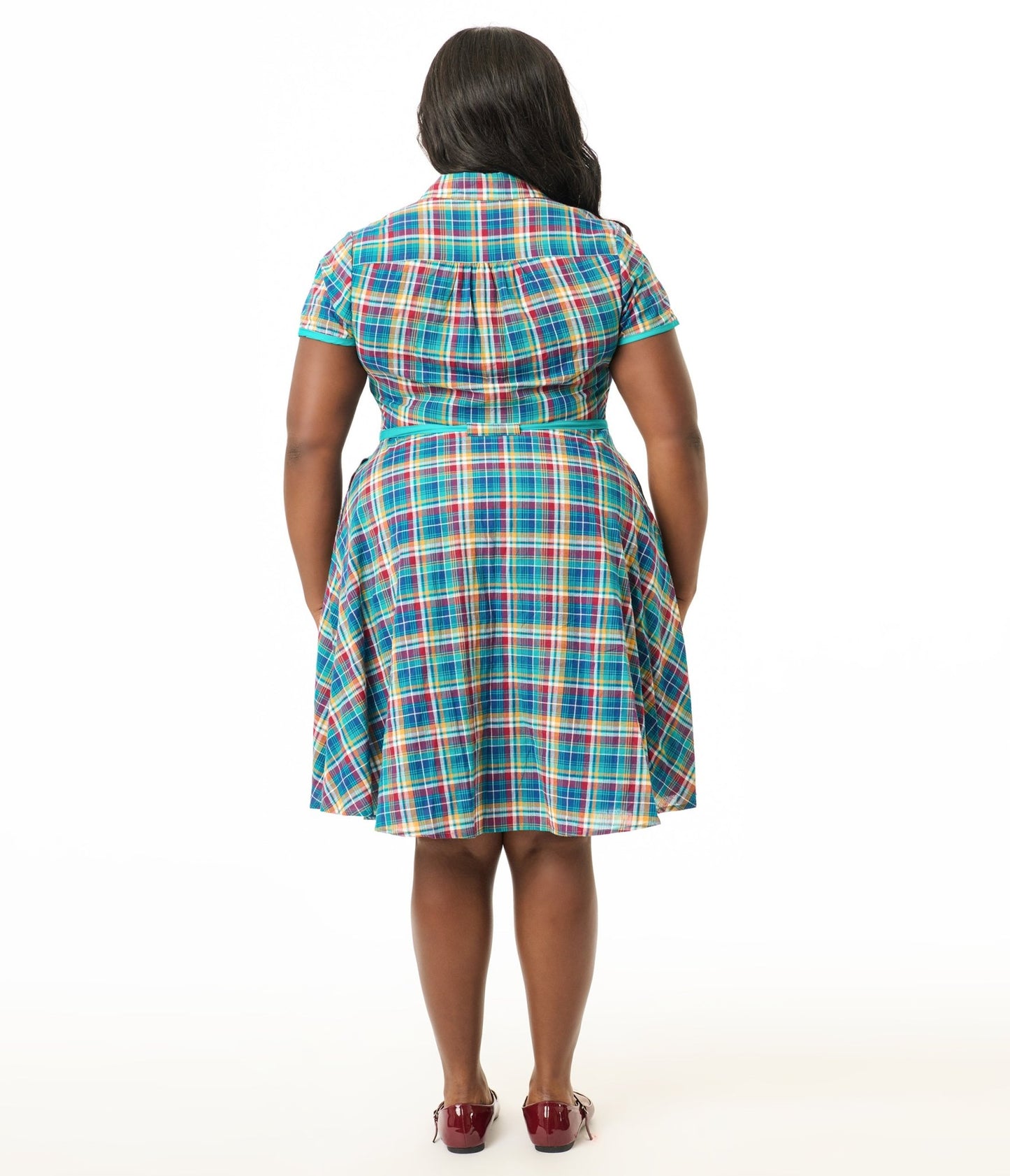 Smak Parlour Plus Size 1960s Teal Madras Fit & Flare Dress - Unique Vintage - Womens, DRESSES, FIT AND FLARE